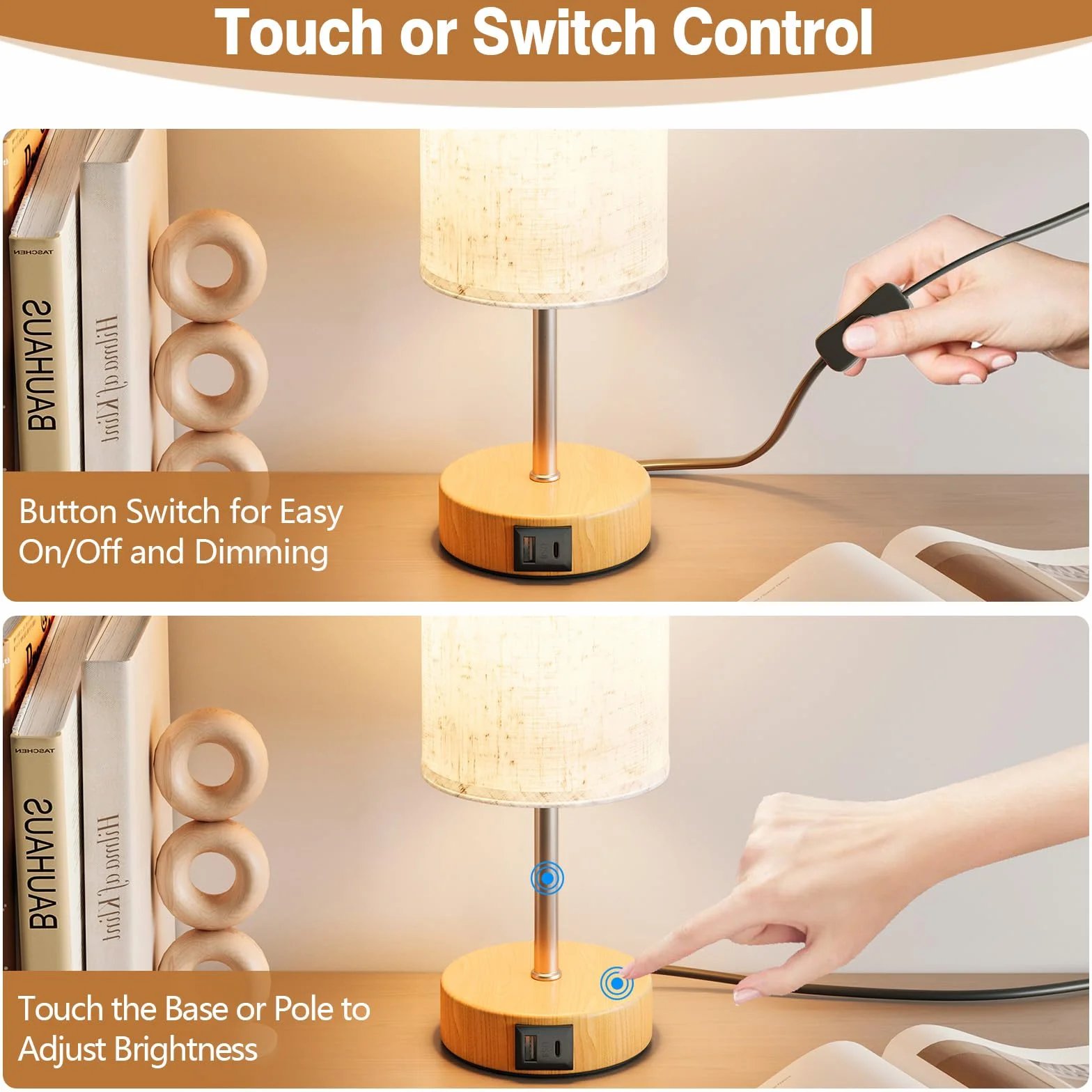 Lámparas de Mesita de Noche con Control Táctil USB-A USB-C Regulables 3 Niveles Pantalla de Lino Set de 2