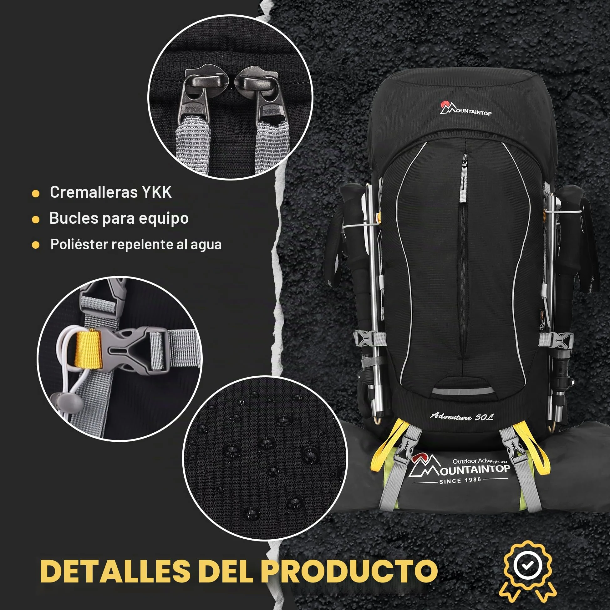 MOUNTAINTOP Mochila Trekking 50L Hombre Mujer Funda Lluvia | Ideal para senderismo montaña acampada y viajes de varios días, cremalleras YKK, soporte lumbar cinturón acolchado