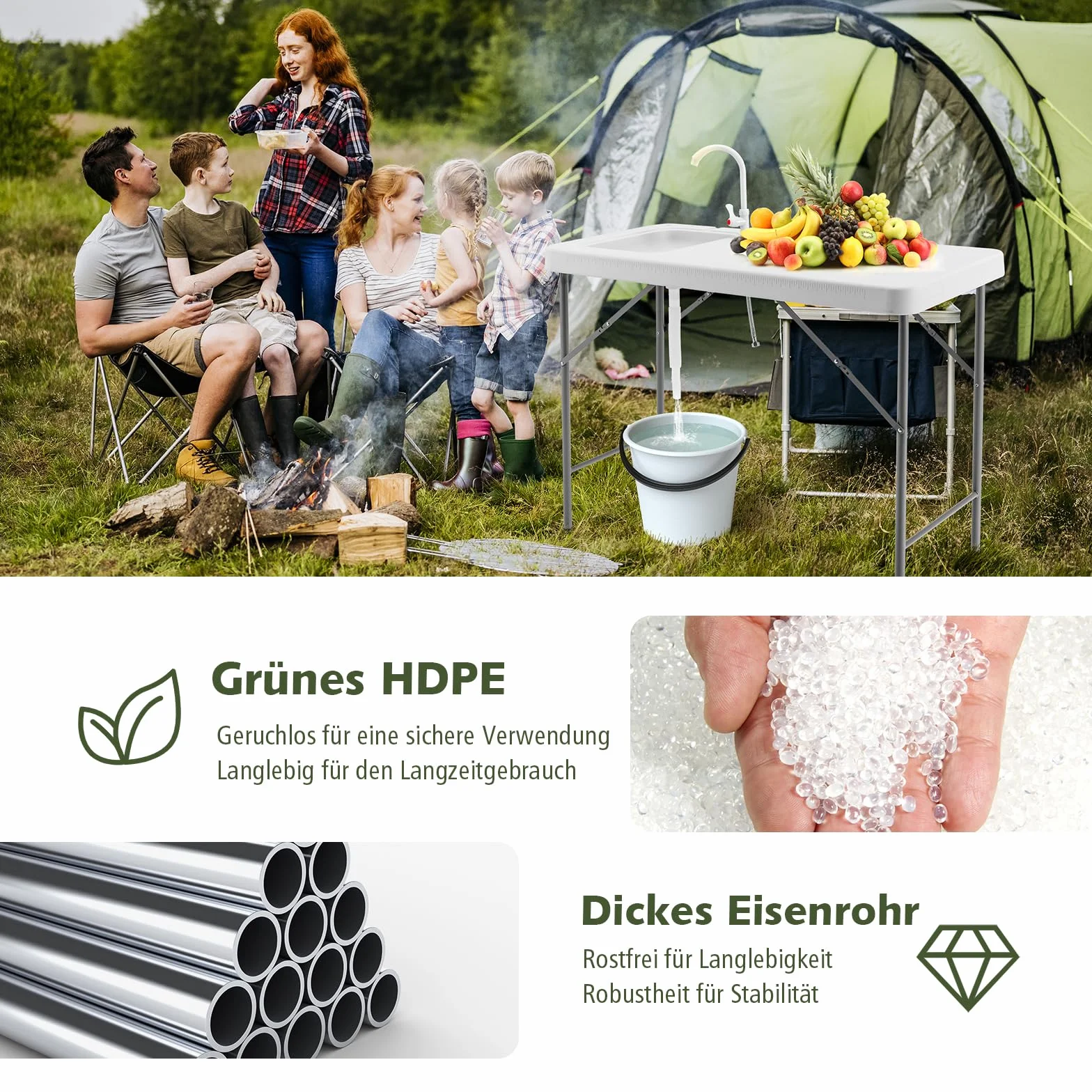 GYMAX Mesa de Camping con Fregadero y Grifo, Mesa de Fileteado, Mesa de Limpieza de Pescado, Plegable con Escala de Medición, Fregadero de Jardín, para Camping, Pesca
