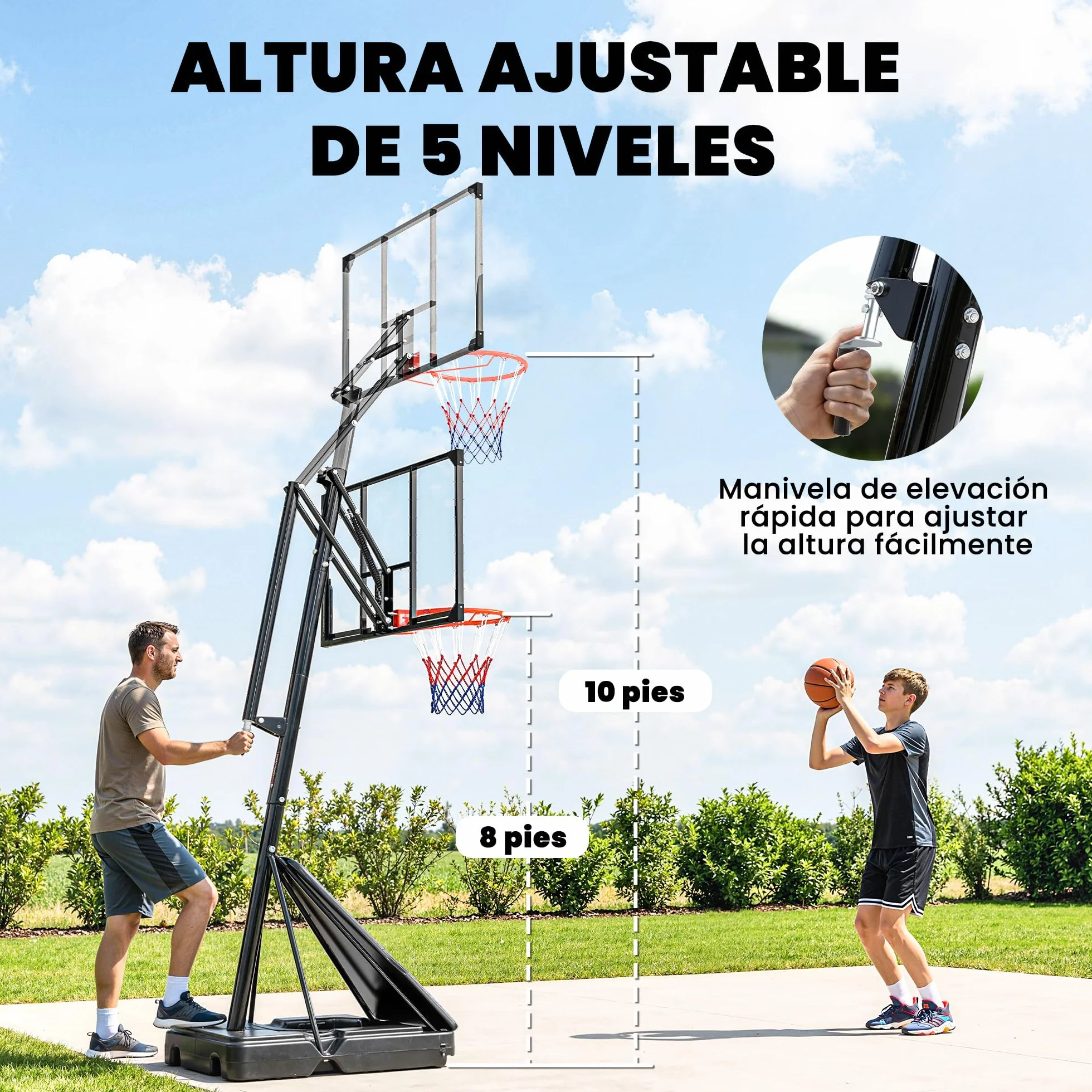 SPORTNOW Canasta de Baloncesto Exterior, Altura Ajustable 245-305 cm, Portátil con Ruedas, Base Rellenable, Tablero Irrompible