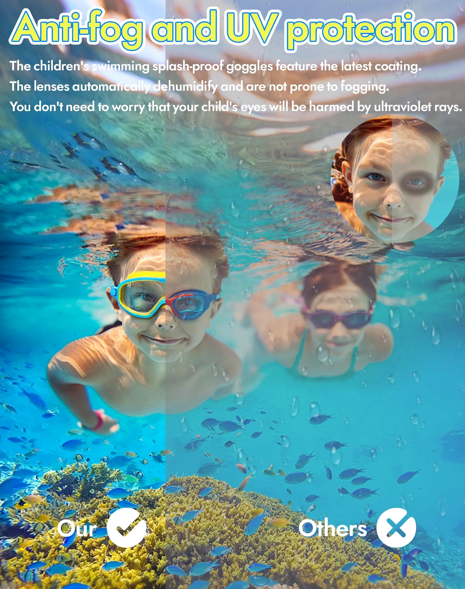Swimbi Splsh Vision Goggles, Blumi Baby Splashyeyes, gafas de natación antivaho y UV para niños con tapones para los oídos y clip para la nariz, máscara de natación de visión amplia para niños de 3 a