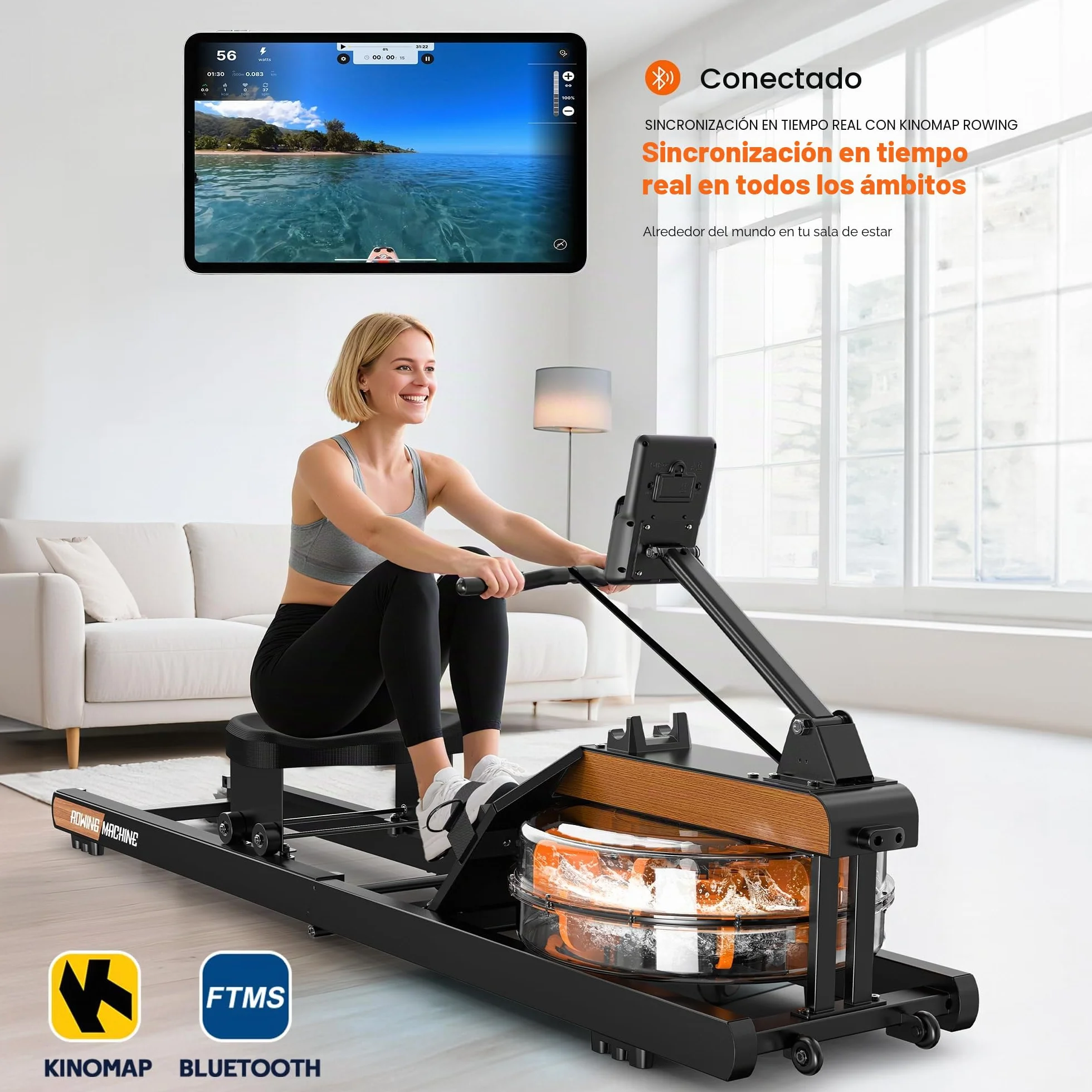 Máquina de Remo, Máquina de Remo de Agua con Monitor Bluetooth y Soporte para Tableta Ajustable, Máquina de Remo Plegable, Máquinas de Remo Capacidad de Peso 160 kg, Fácil Montaje
