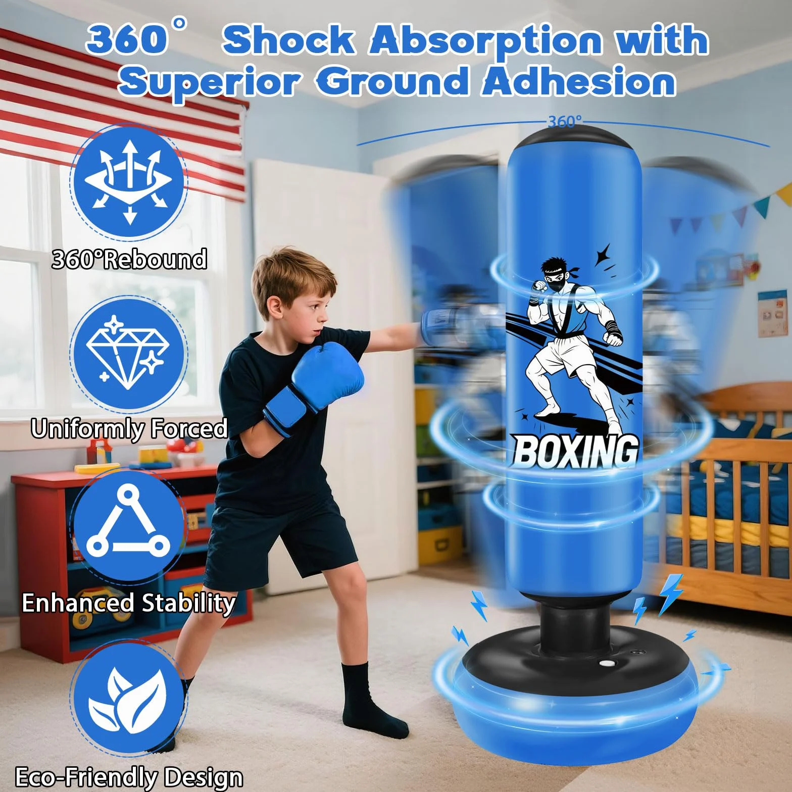 Qoosea Saco de Boxeo Niños, 168cm Bolsa de Boxeo Inflable de Pie con Guantes, Punching Ball Estable para Karate Kickboxing MMA Taekwondo, Regalo Ideal para Niños y Niñas de 3-14 años