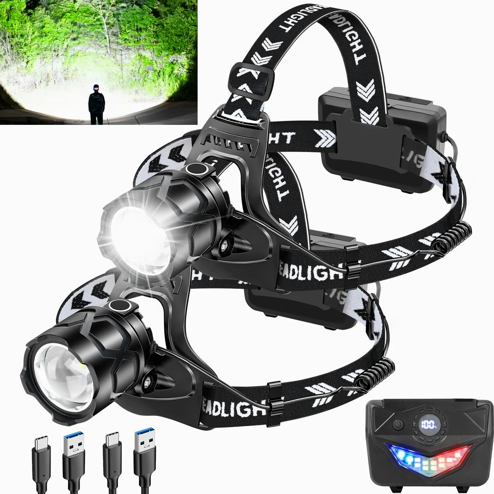 YOUGAAN - Linterna frontal LED recargable de 150000 lúmenes, súper brillante con 10 modos y sensor de movimiento, linterna de cabeza con zoom, IPX7 impermeable, ajustable a 135° para exteriores,