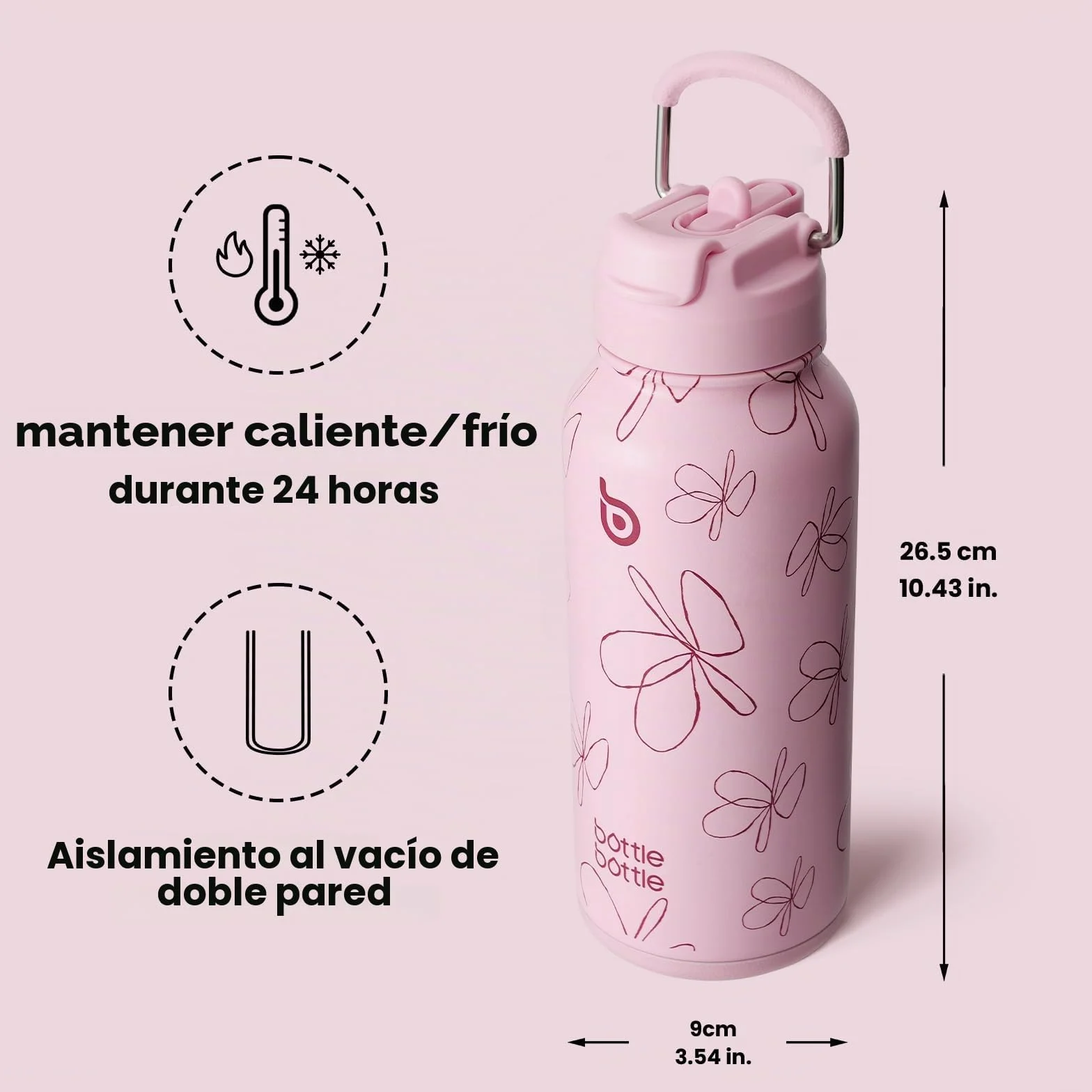 BOTTLE BOTTLE Botella isotérmica con pastillero, 900 ml, botella deportiva de acero inoxidable para exteriores, senderismo, flor rosa