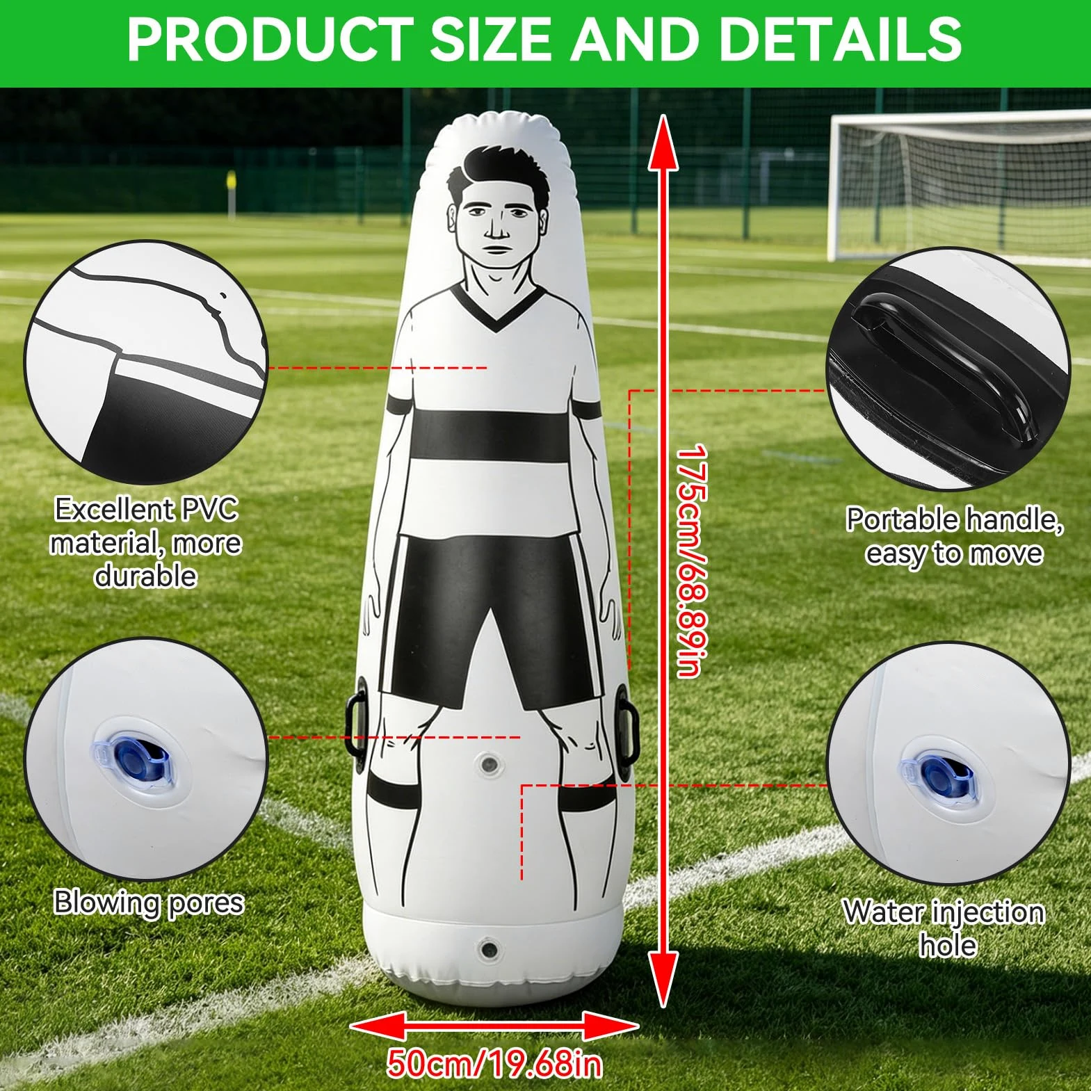 Maniquí de fútbol, ​​175x50cm/68,9x19,7 pulgadas entrenamiento de fútbol inflable vaso de práctica de fútbol de pared Maniquí De Fútbol defensor de patadas de fútbol portátil para niños y adultos
