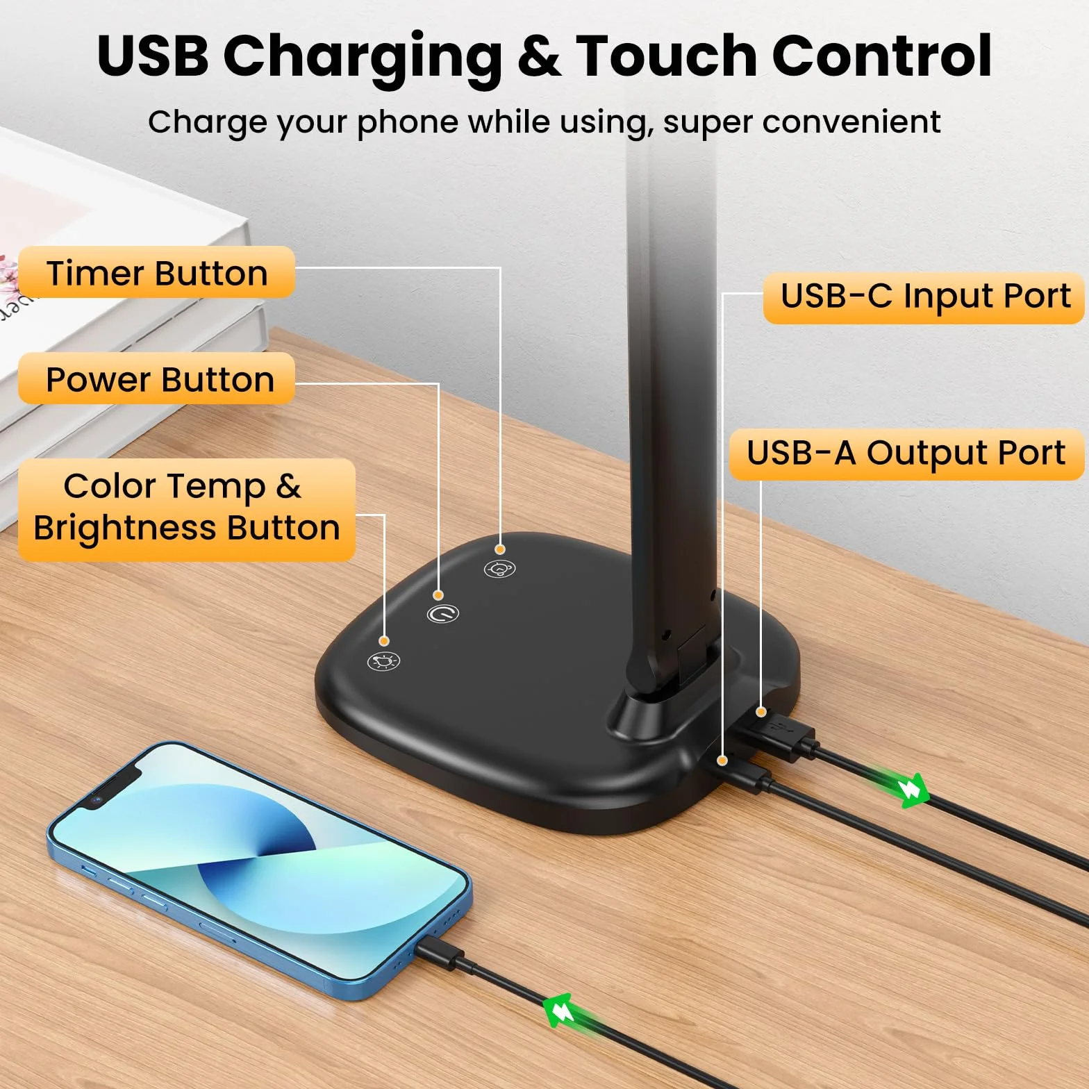 Lámpara de Escritorio LED, 5 Modos, Batería 4000mAh, Puerto USB, Control Táctil, Temporizador
