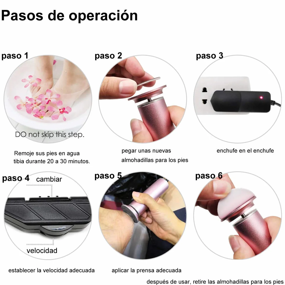 Lima Eléctrica Para Pies, Velocidad Ajustable, Cuidado de Los Pies con Almohadillas de Repuesto, Elimina la Piel Seca y Dura (Negro)