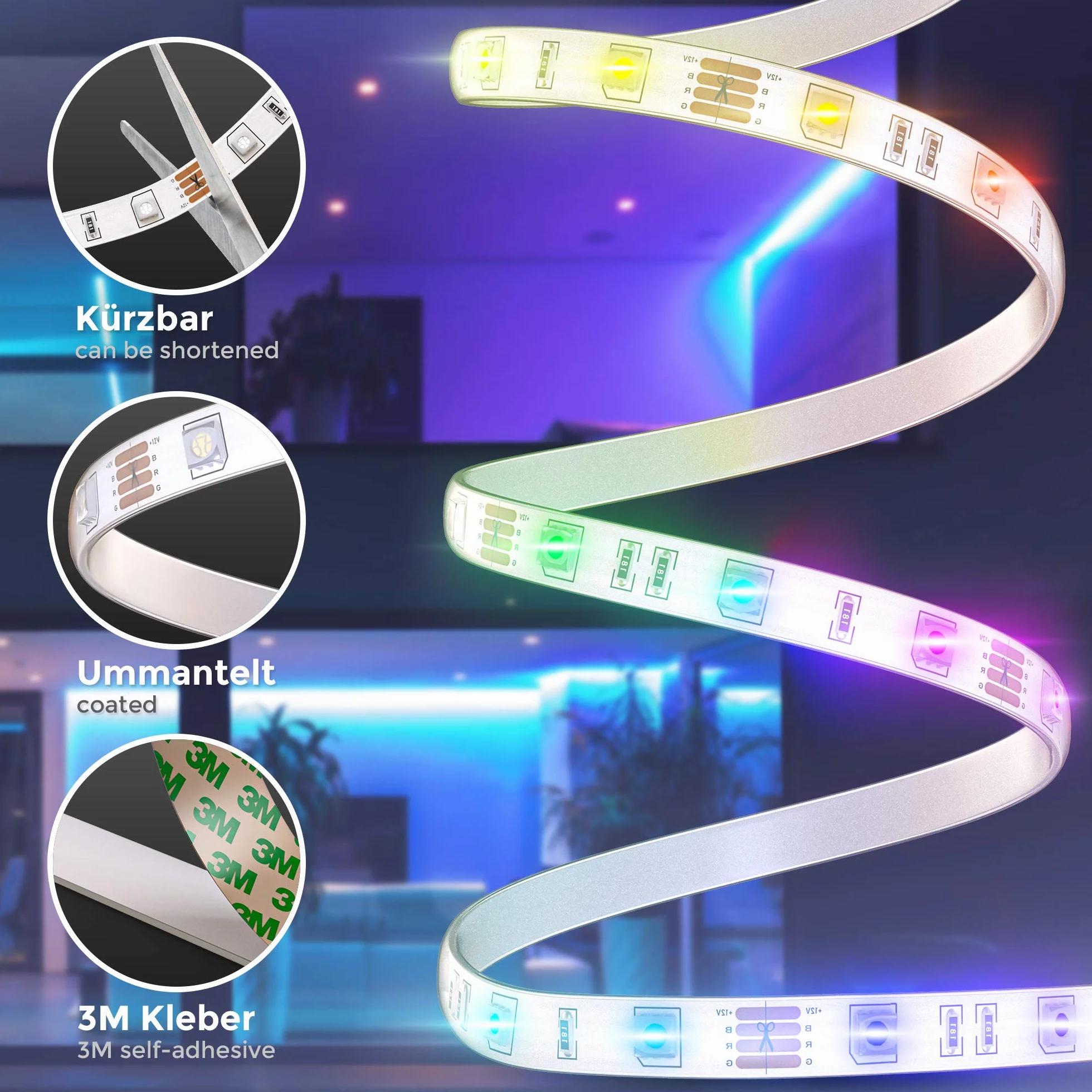 B.K.Licht Tira LED RGB 3m Silicona Autoadhesiva Control Remoto Acortable