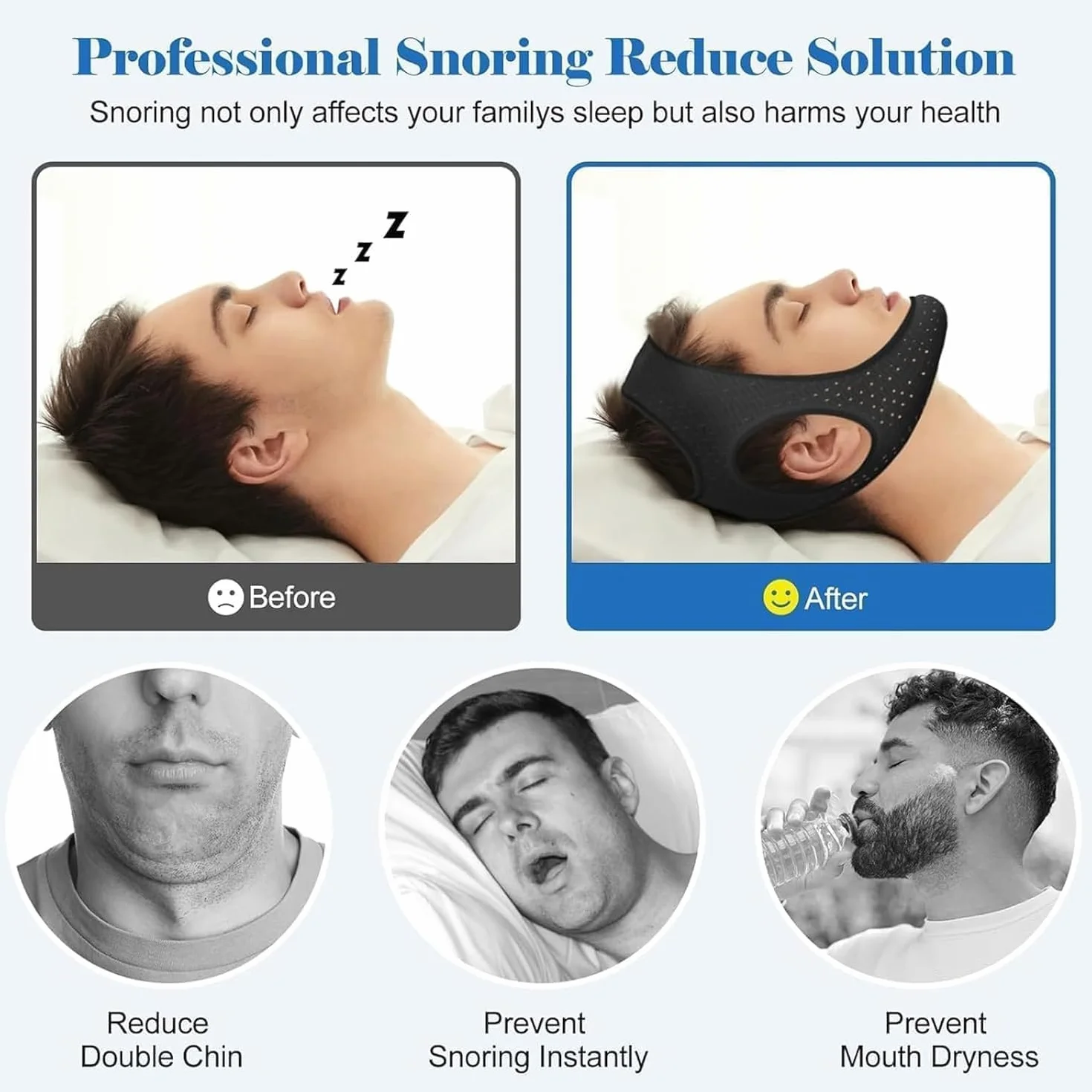 Dispositivo Antironquidos Ajustable Transpirable Suave para Dormir Mejor - Negro