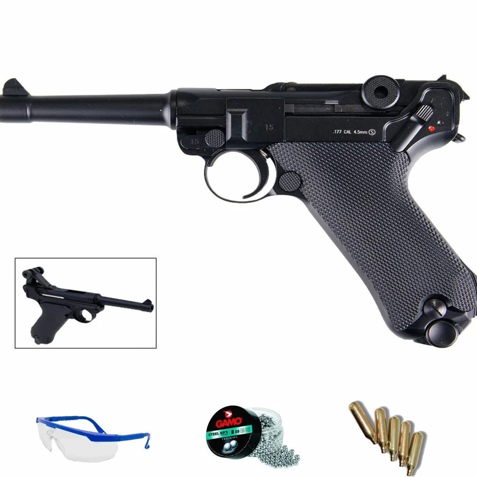 Pack Pistola de Aire comprimido répluca KWC blowback (Luger 08) - Arma de CO2 y balines BBS (perdigones de Acero) <3,5J