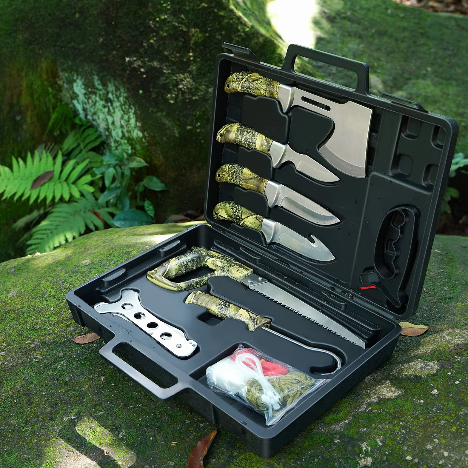 GVDV 14 Piezas Juego de Cuchillos de Caza, Cuchillo Desollador con Gancho para el Intestino, Cuchillo de Capa, Hacha, Sierra para Madera/hueso y Más