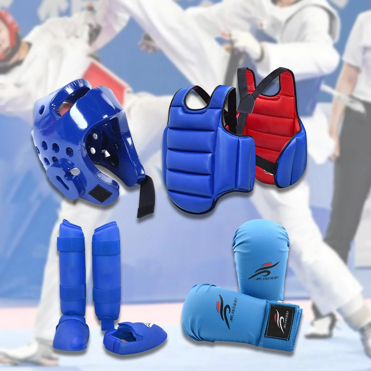 Karate Sparring Set Casco Boxeo Guantes Espinilleras Protector Corporal Entrenamiento Competición