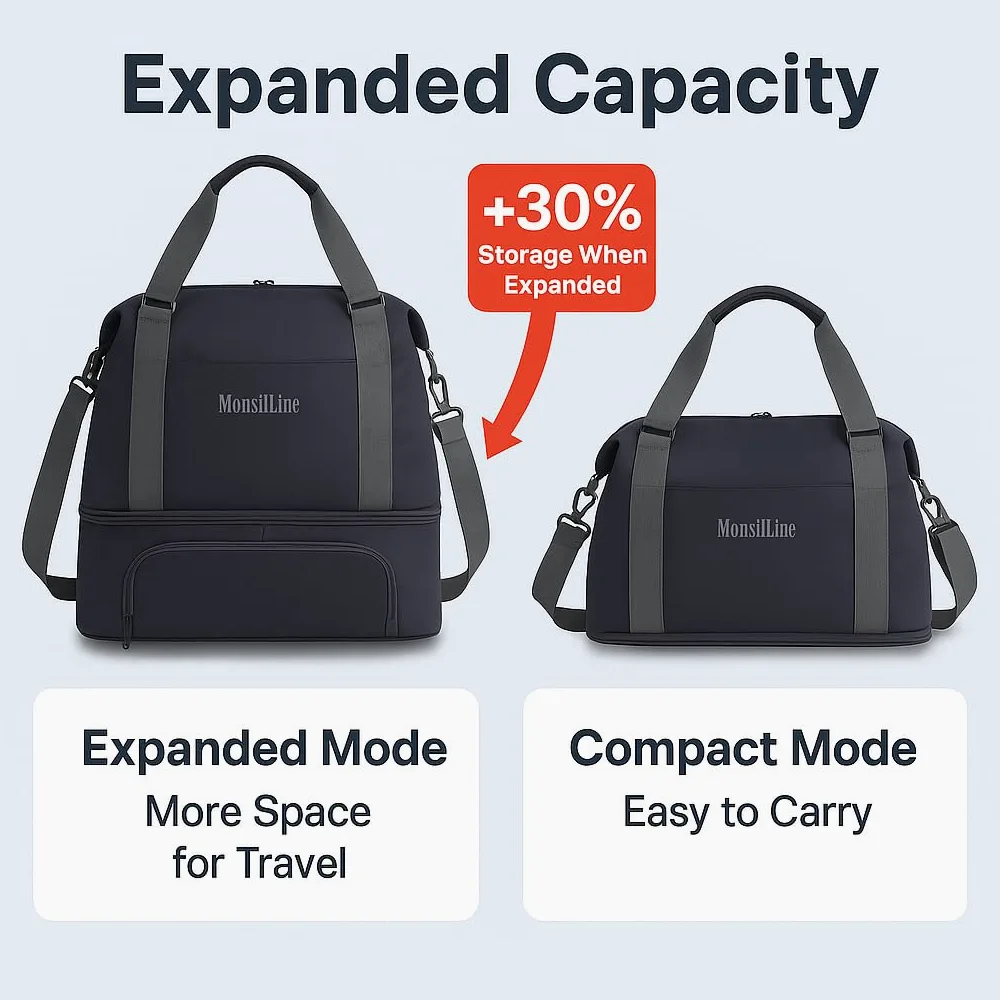 Foldie - Bolsa de viaje expandible, bolsa de gimnasio con compartimento para zapatos, bolsas de entrenamiento para gimnasio con correas, bolsa de viaje para fin de semana durante la noche