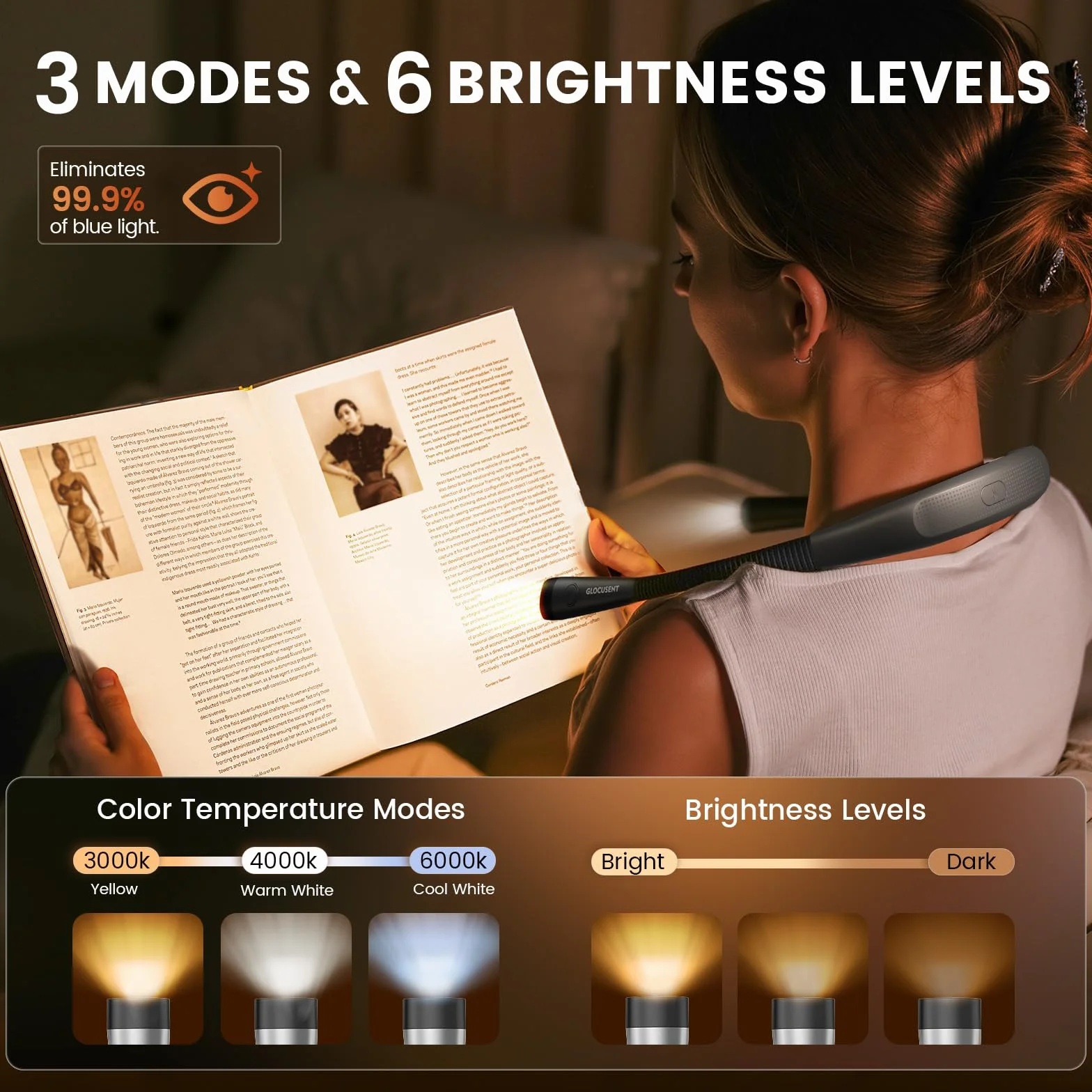 Glocusent Luz de Lectura, Lampara Recargable 3 Colores 6 Niveles Brazos Flexibles