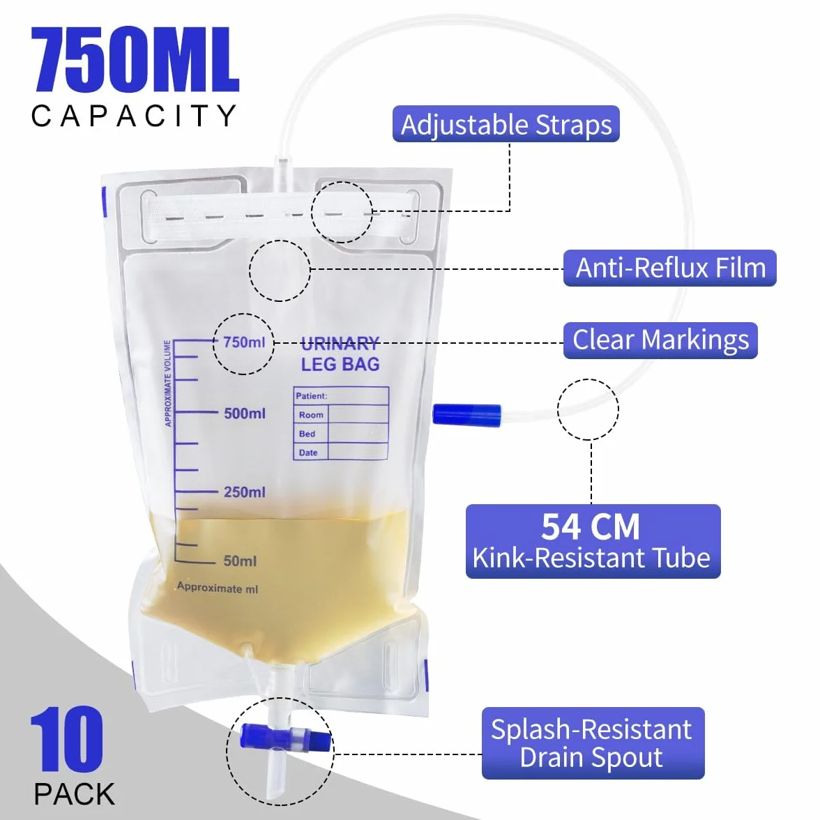 10 Piezas Bolsa de Drenaje de Orina 750ml con Válvula Antirreflujo y Correas de Tela