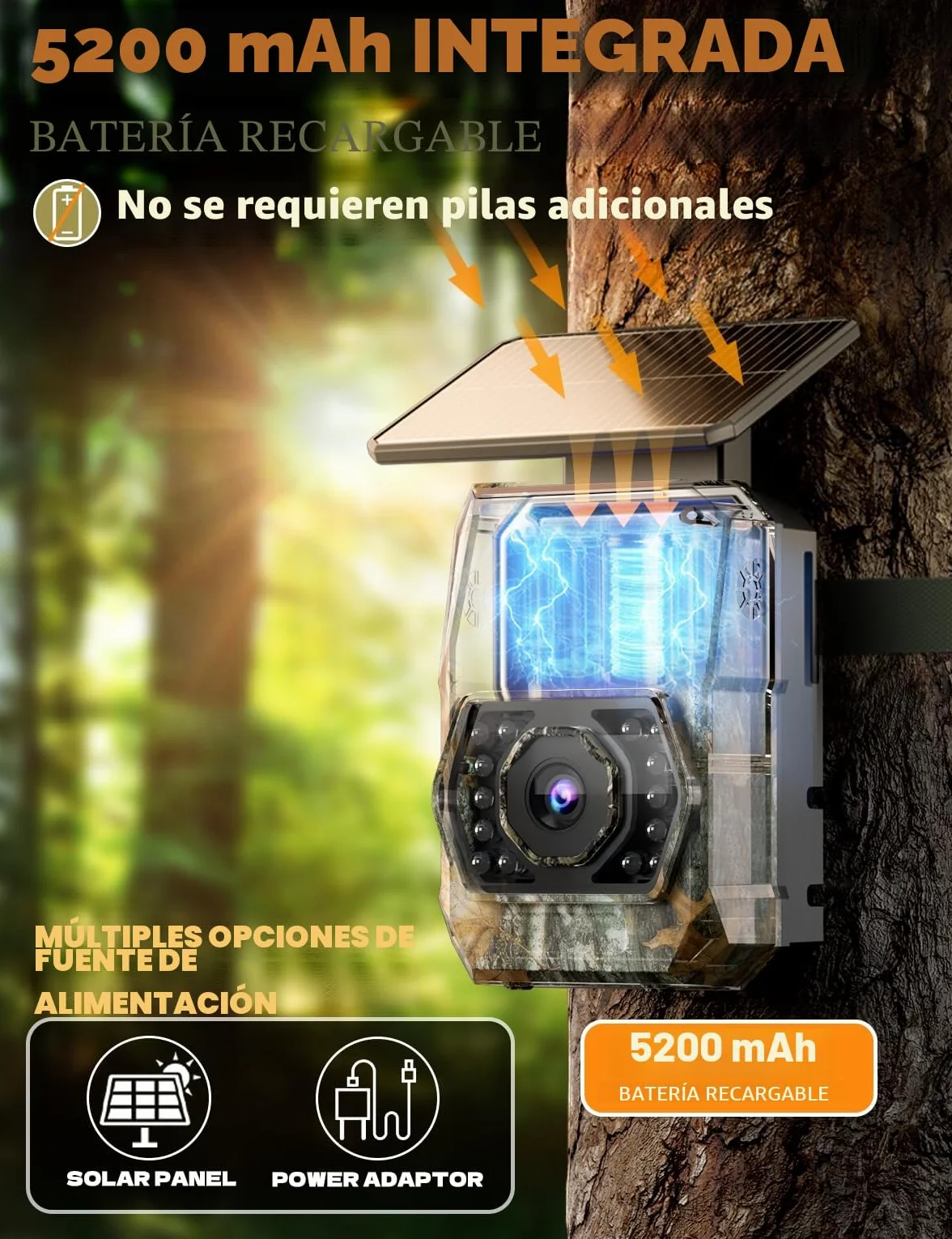 Cámara de Caza Solar WiFi 4K 60MP con Batería Recargable de 5200 mAh, Camara Fototrampeo con Visión Nocturna, 0.1s Tiempo de Activación, IP66, Observación de Animales, con Tarjeta SD de 32GB