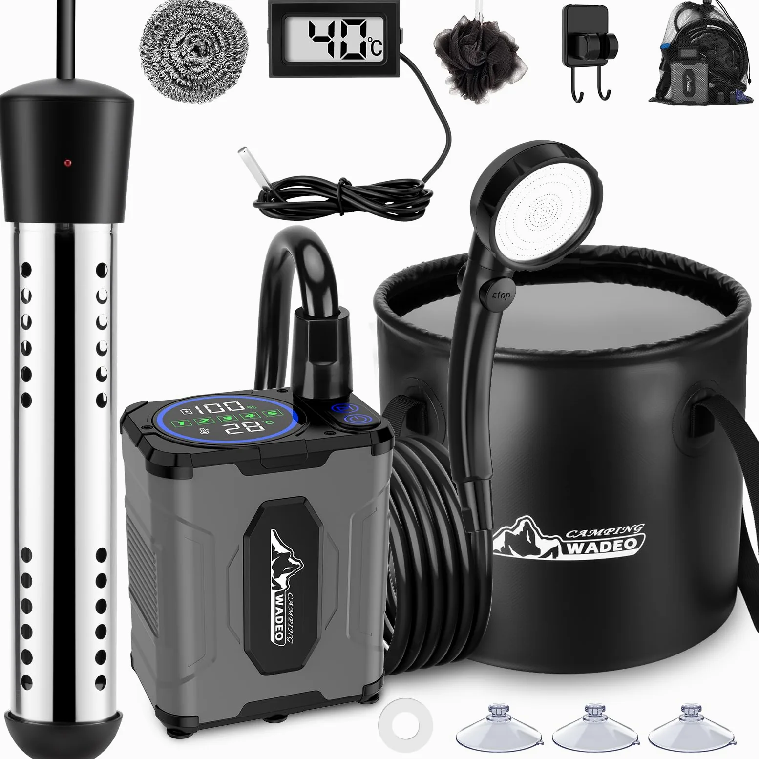 WADEO Ducha portátil de Camping con batería de 6000 mAh, Bomba y función de Calentamiento, depósito de Agua Plegable de 20 litros, indicador de Temperatura LED, para Acampada, Viajes y jardín | Uso en camping, Con bomba incluida