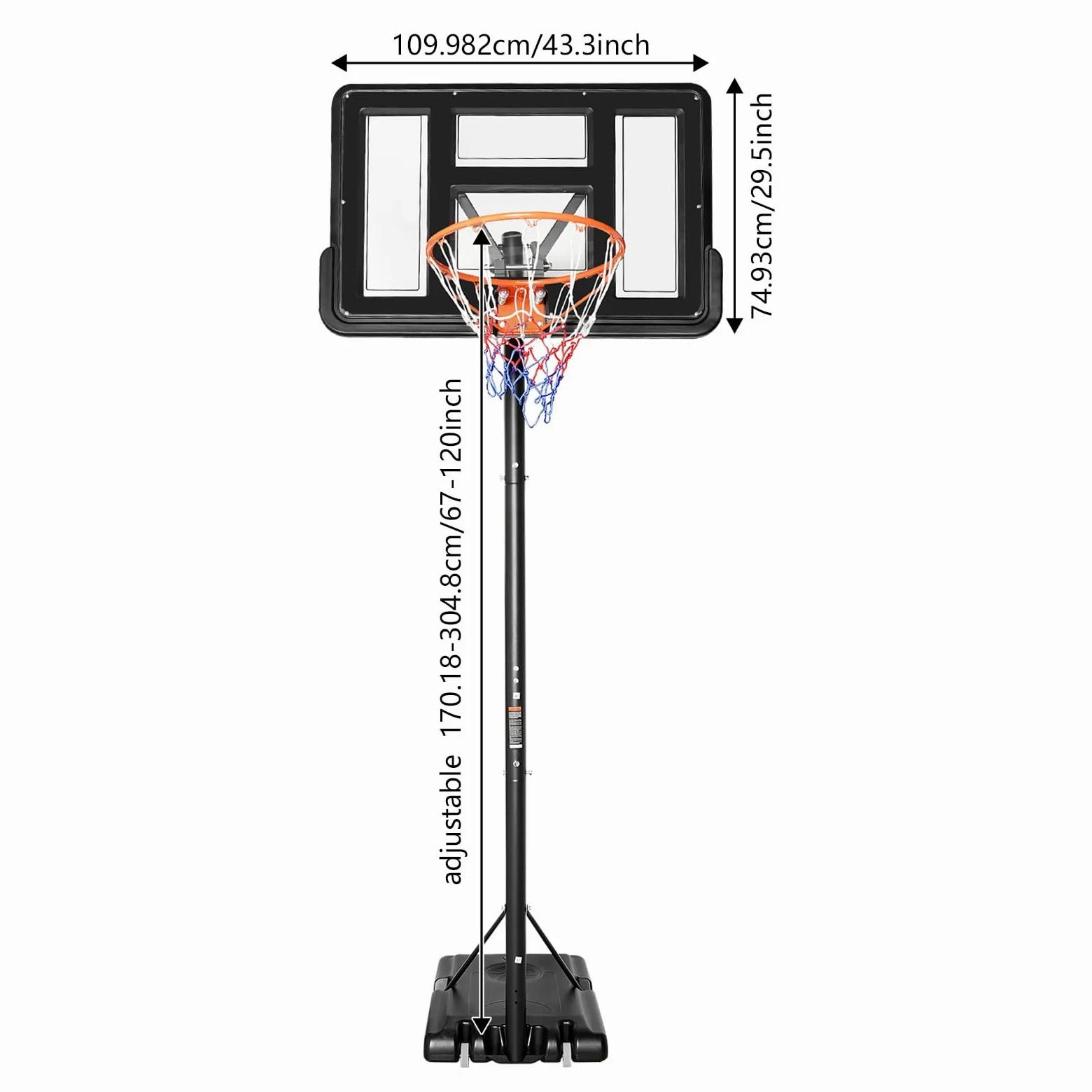 Soporte para canasta de baloncesto, 170-305 cm, altura ajustable con ruedas, incluye red, canasta de baloncesto portátil para jardín, campo de deporte y campo de juego