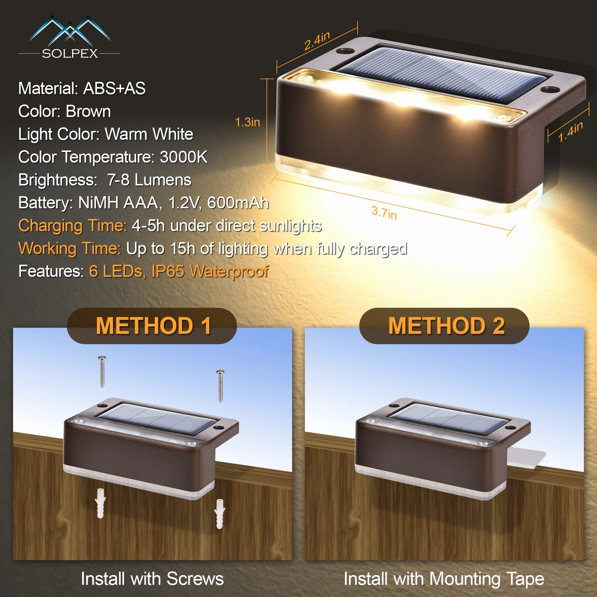 Solpex Luces Solares para Exterior LED 8 Piezas Luz Blanca Cálida Impermeable Escaleras Valla Patio Marrón