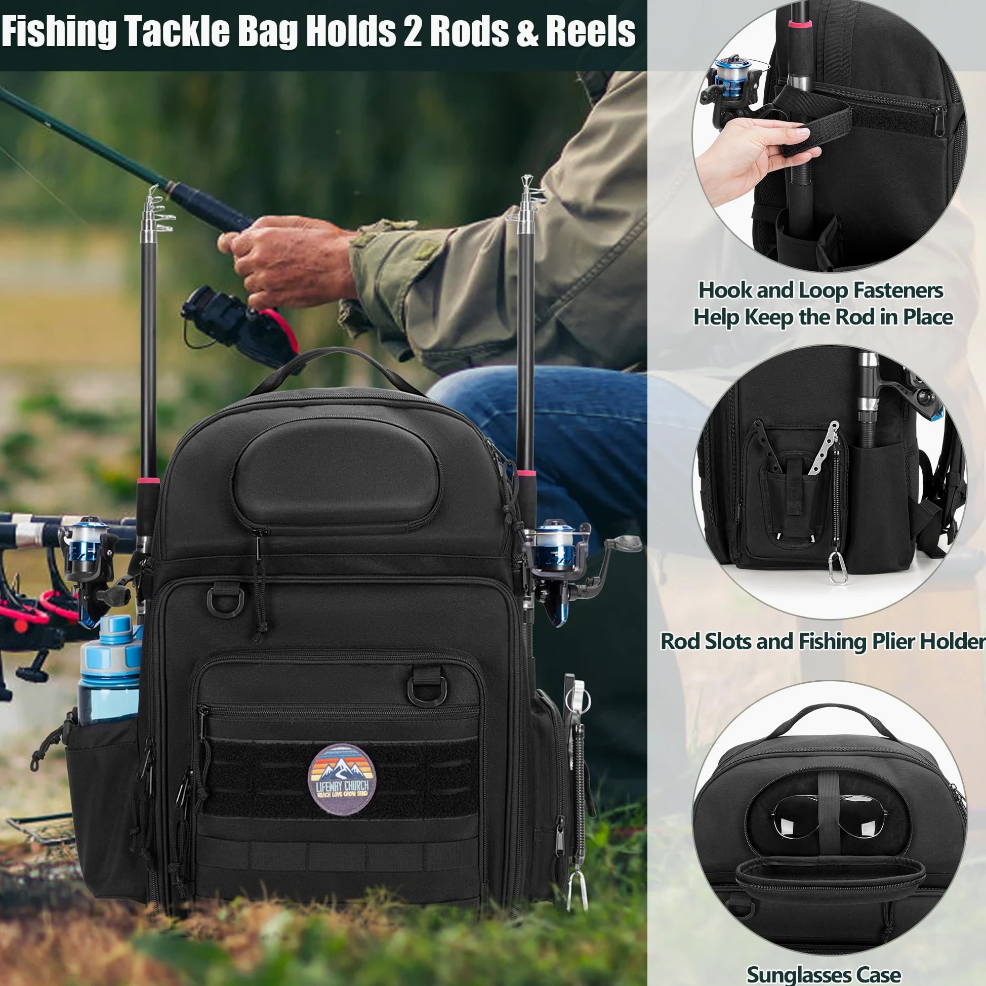 Rexmica Mochila de Pesca para 2 Cañas y Carretes, Bolsa para Cañas con Compartimentos para Cajas de Aparejos, Ideal para Pesca, Senderismo, Camping y Trekking, Negro (Solo Bolsa)