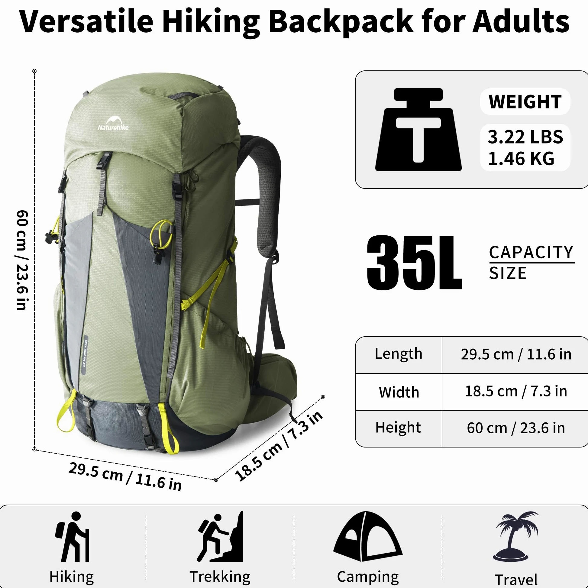 Naturehike Seek Wind Mochila de 35 L/65 L, mochila de trekking para hombre y mujer, mochila de senderismo, mochila de viaje impermeable, mochila con funda para lluvia para camping, ciclismo