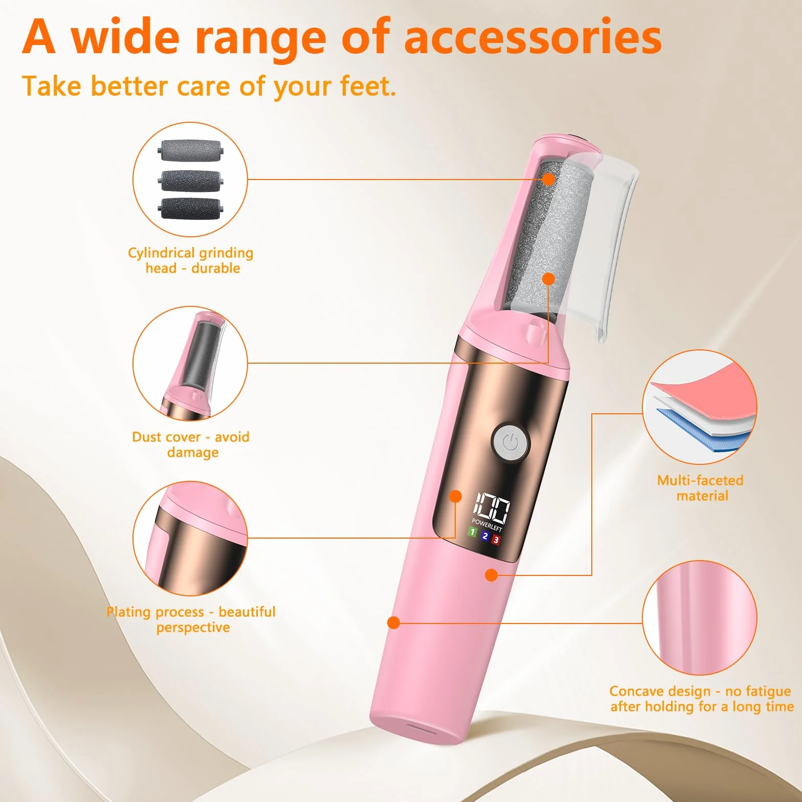 Lima Eléctrica Profesional Pedicura, 3 Velocidades, Impermeable, Larga Vida de Batería, Rosa