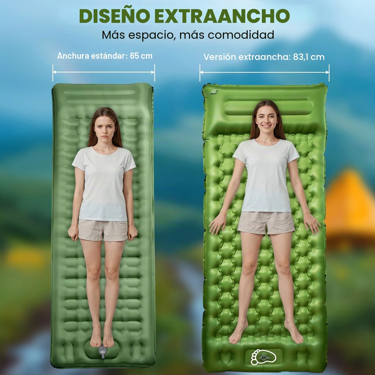 JATEKA Colchoneta Autoinflable XL para Camping, Individual con Correas, Verde y Azul, Colchón Ligero para Senderismo