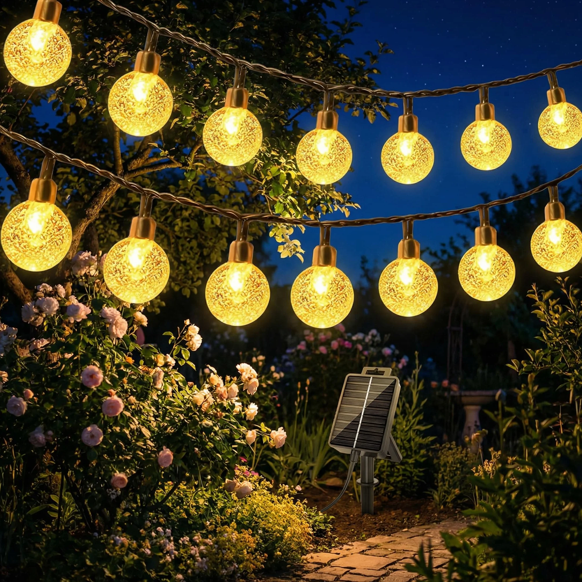 Guirnalda solar exterior 8m 40 LED bolas de cristal IP65 blanco cálido