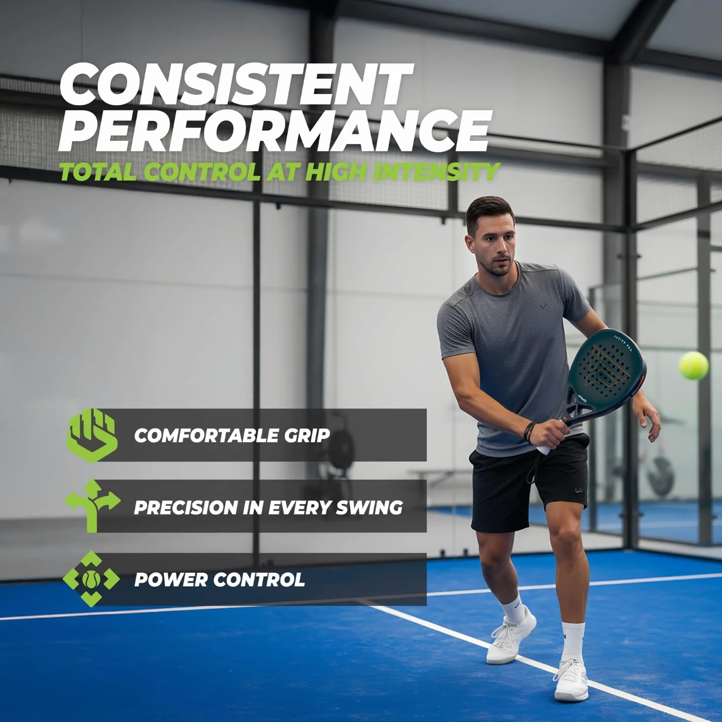VirtuFit Fusion Pro Pala de pádel Deep Teal – Raqueta de pádel para principiantes y avanzados, marco de fibra de carbono, potencia y control, raqueta ligera de pádel