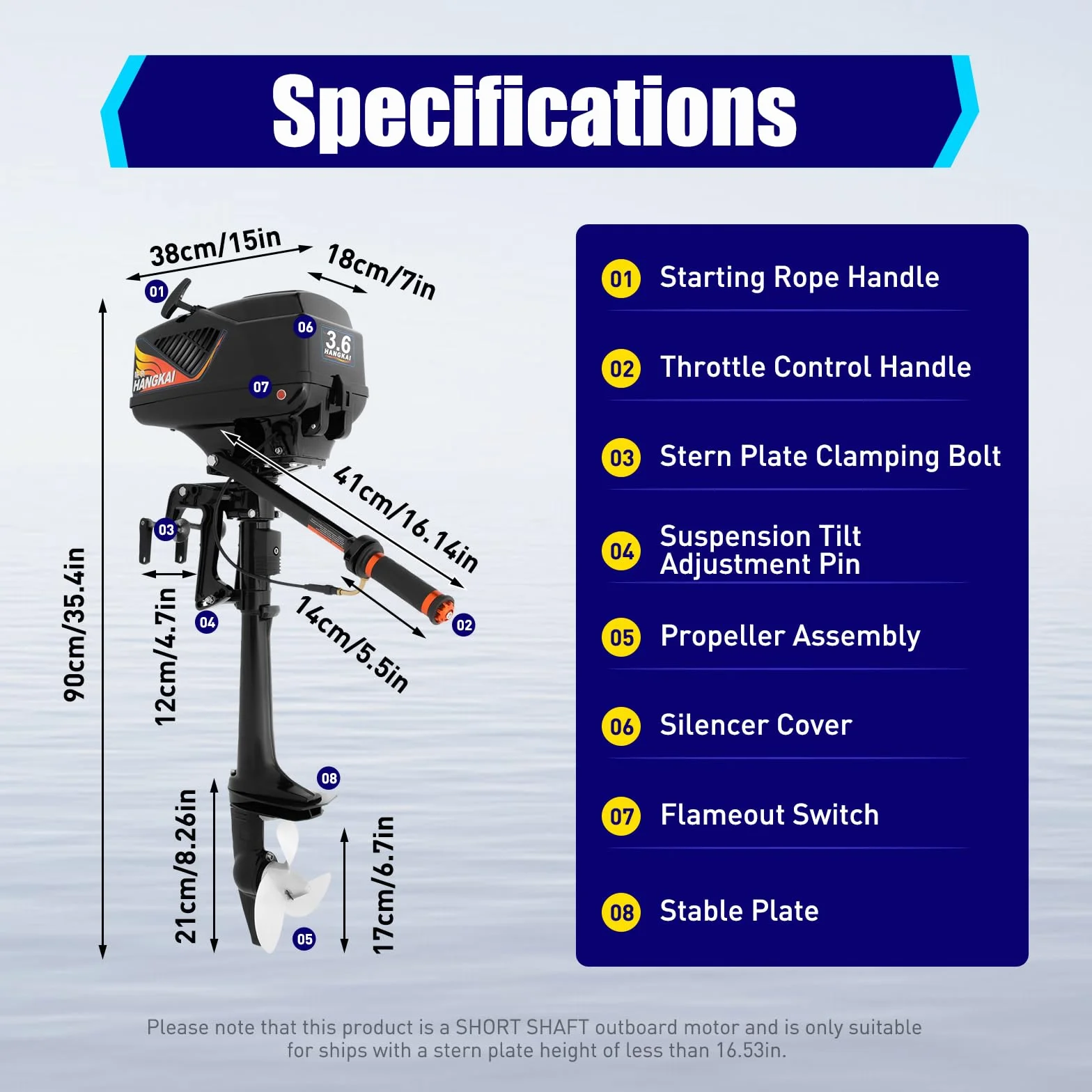 Motor fueraborda de 2 tiempos, 3,6 CV, motor de gasolina para botes inflables, barcos de pesca, yates, canoas, kayaks con una altura trasera máxima de 42 cm