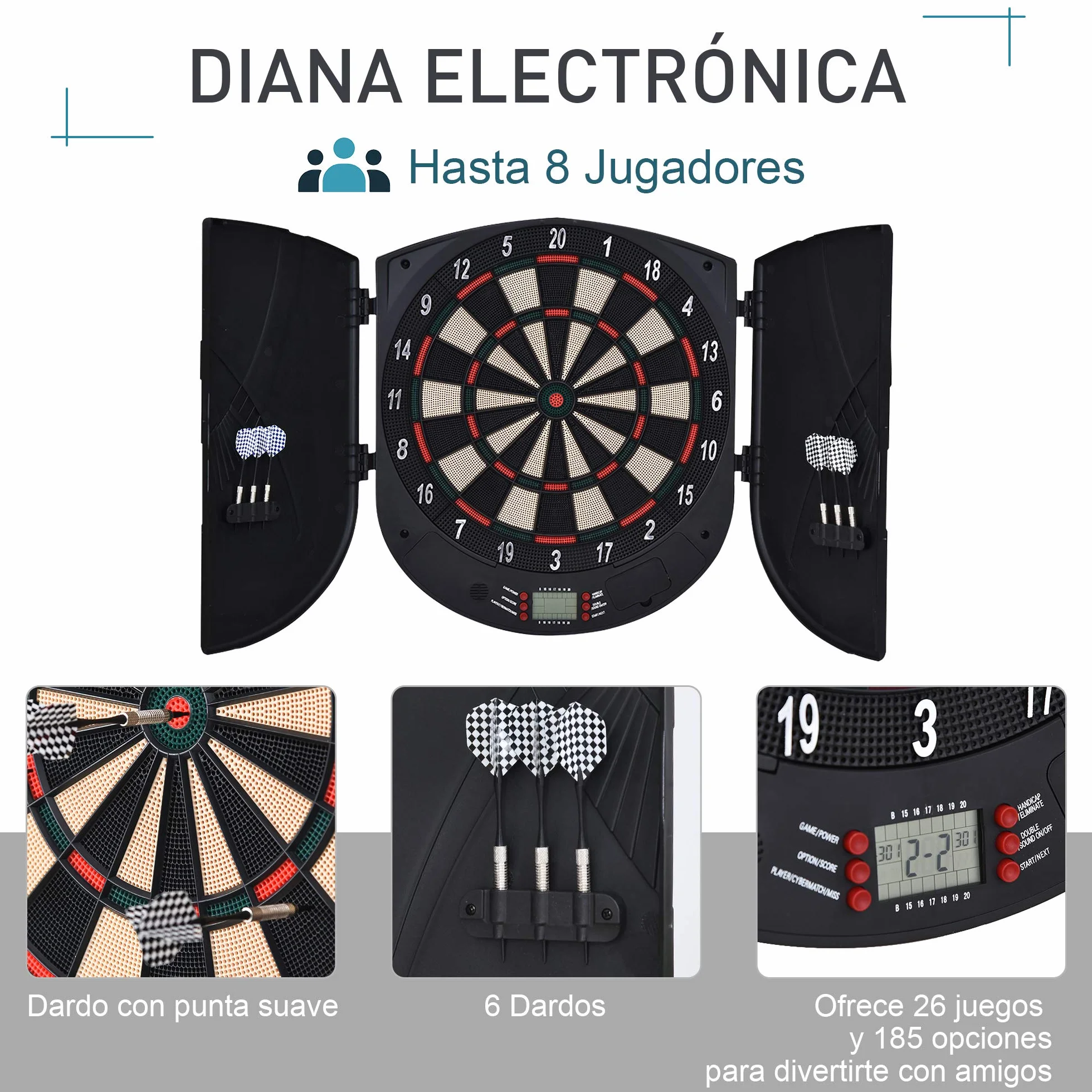 HOMCOM Diana Electrónica Digital Diana con 6 Dardos hasta 8 Jugadores Marcador Puertas Laterales Pantalla LCD y 26 Juegos 44x4,4x50 cm Negro