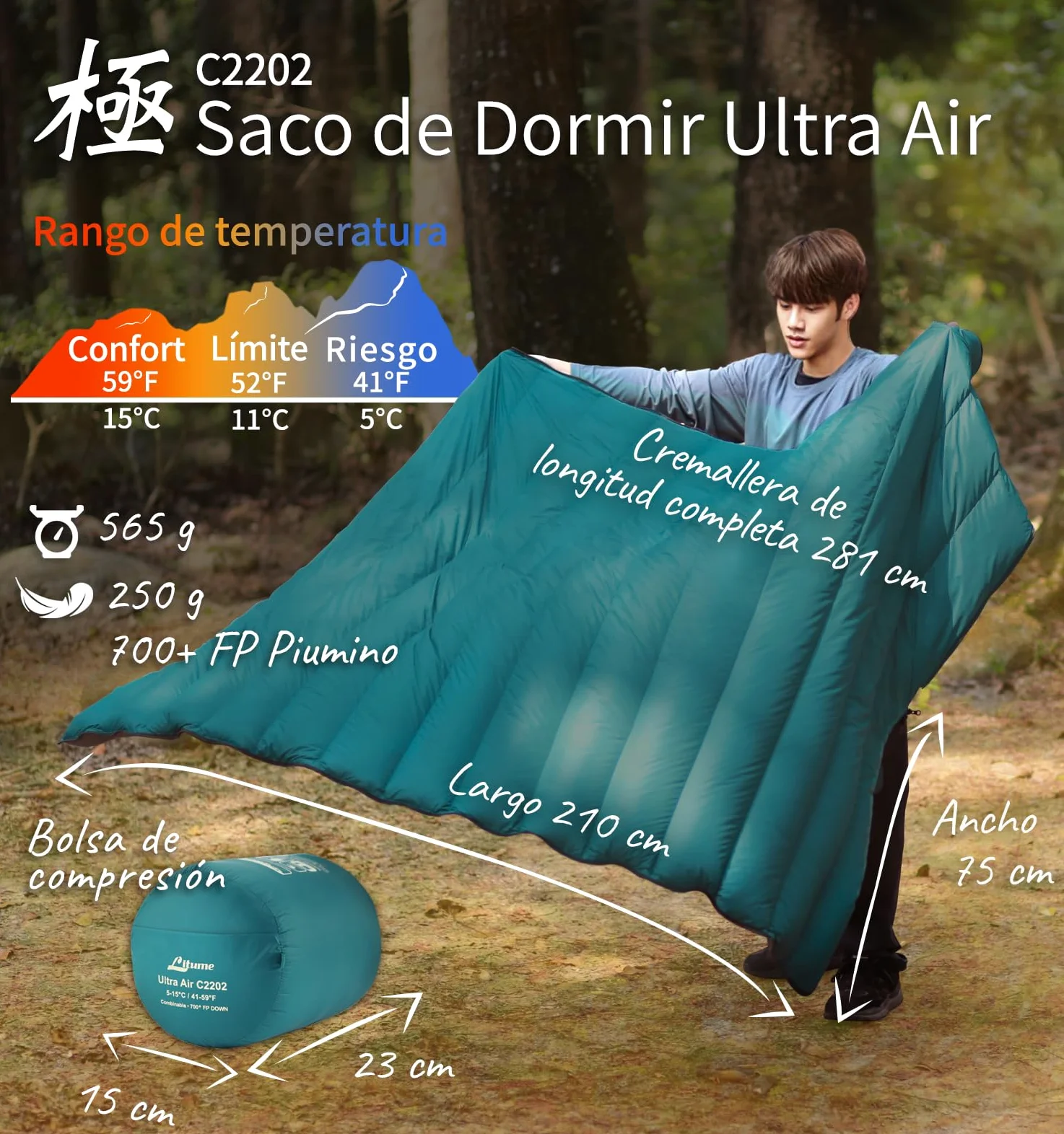 Saco de Dormir combinable Litume de plumón, 565g, 15°C, Ligero, Compacto para Adultos, Saco de Dormir Doble, para mochileros, Camping, Familia, Compacto con Bolsa de Almacenamiento(Verde Azulado)