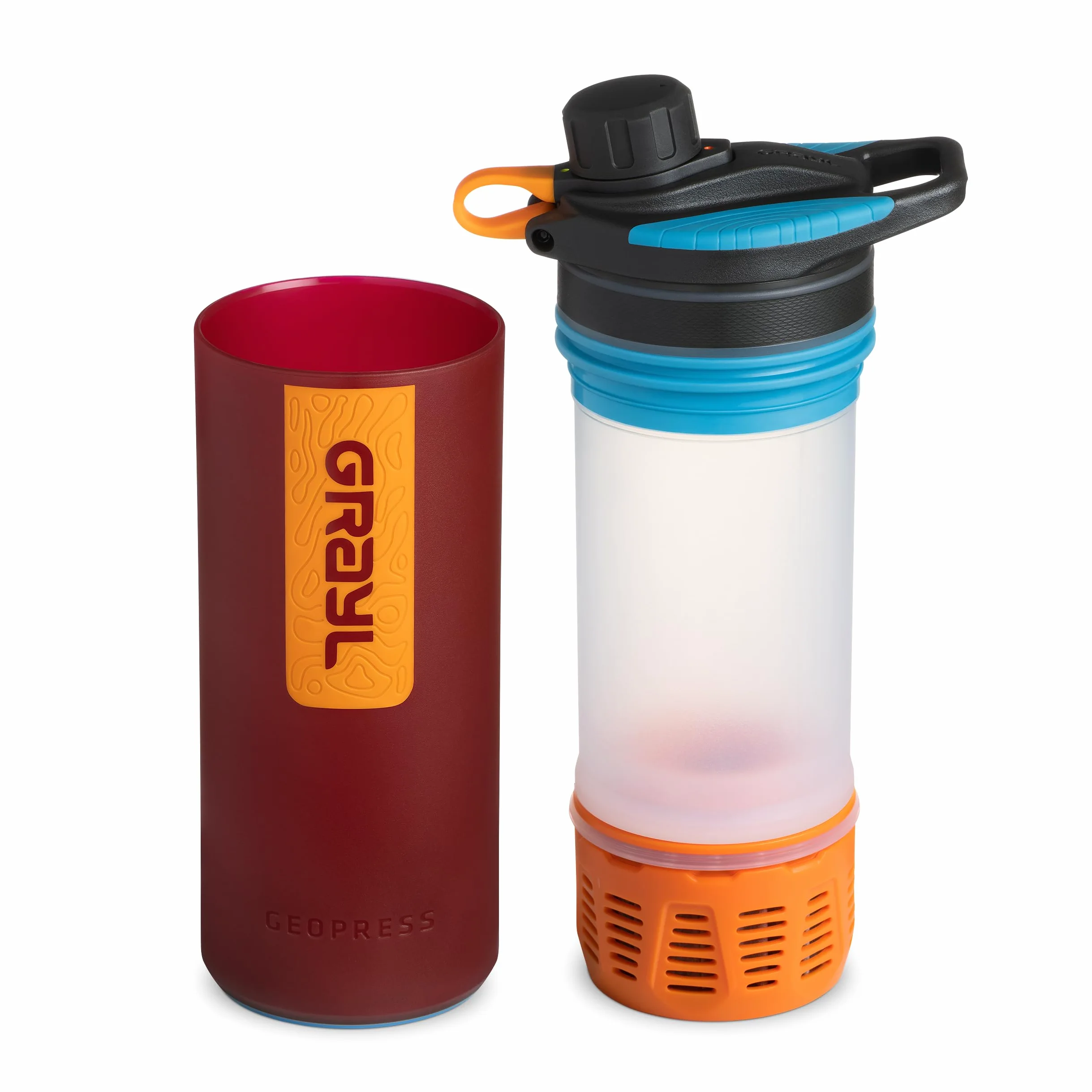 GRAYL GeoPress - Purificador de agua para viajes en todo el mundo, senderismo, camping y supervivencia, 680 ml, color rojo | Purifica el agua en 8 segundos para senderismo, mochileros, camping, supervivencia y viajes, elimina virus y bacterias