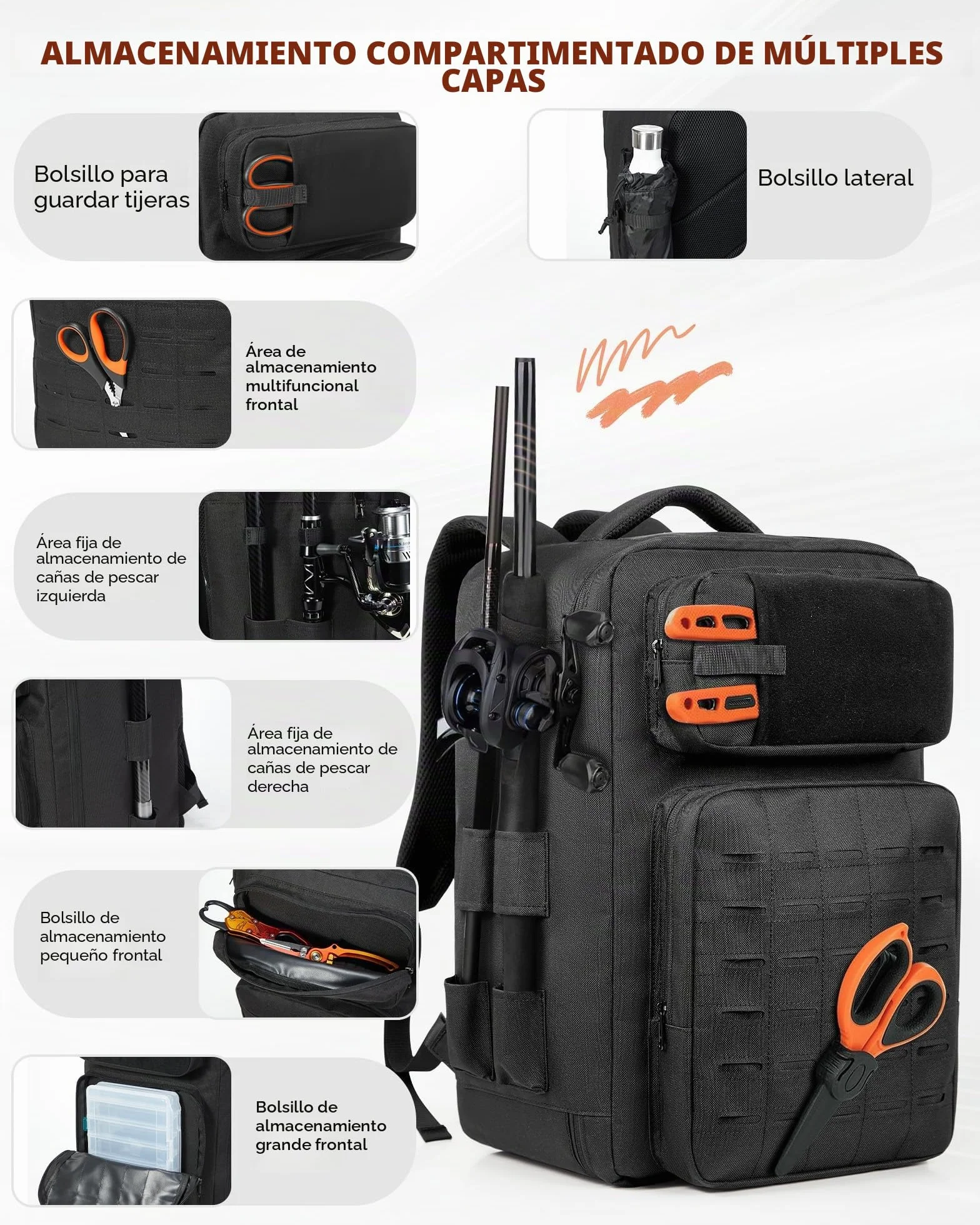 WEFLIER Mochilas de Pesca, Bolsos de Equipos de Con Accesorios de Pesca Con Palos de, Bolsos de Viaje Con Bolsas de Almacenamiento 48l, Caza de Campamento, Camping, Trekking, Negro