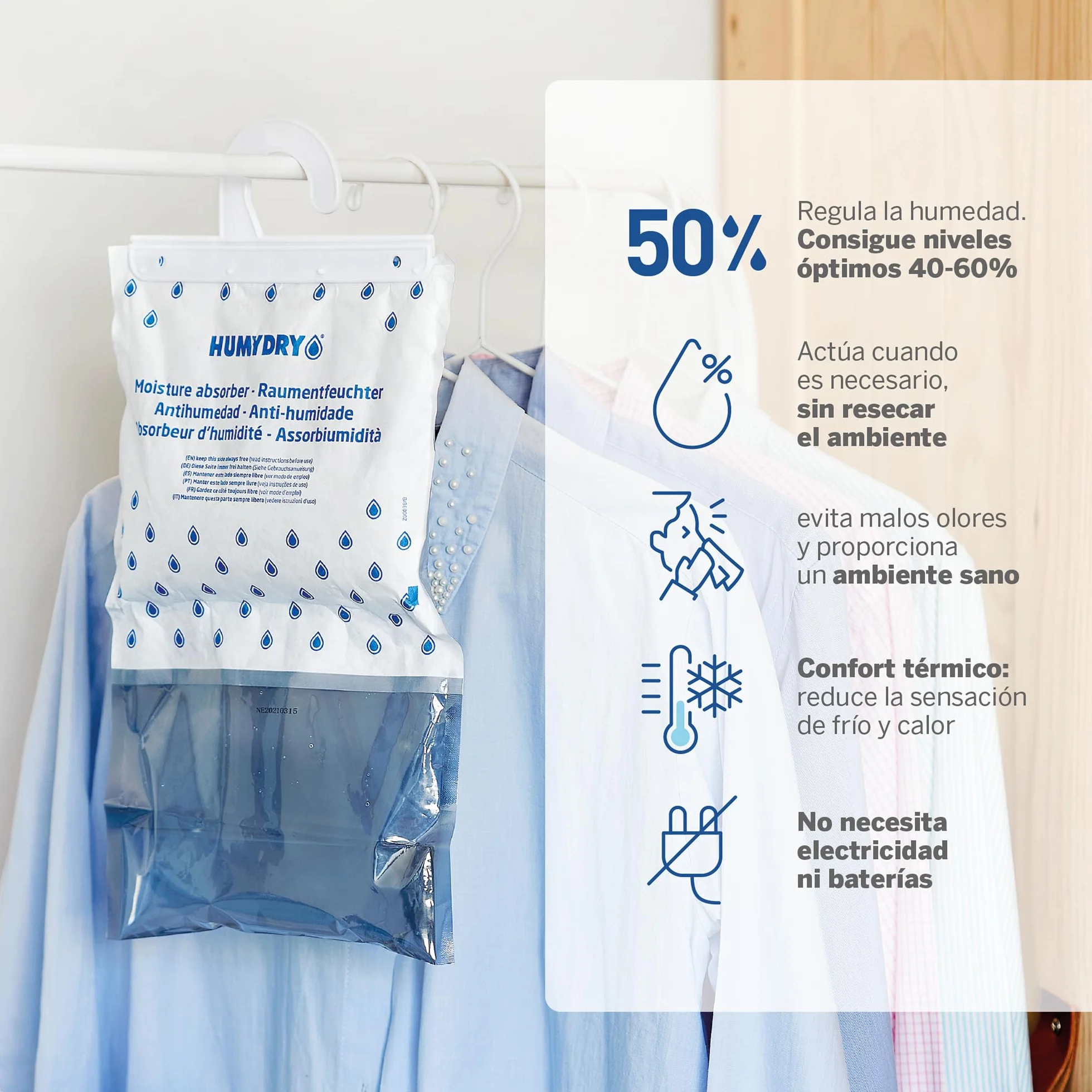 Bolsas antihumedad Percha Humydry 3x450g Absorbe Humedad Armarios 15 m2 Fragancia Neutro