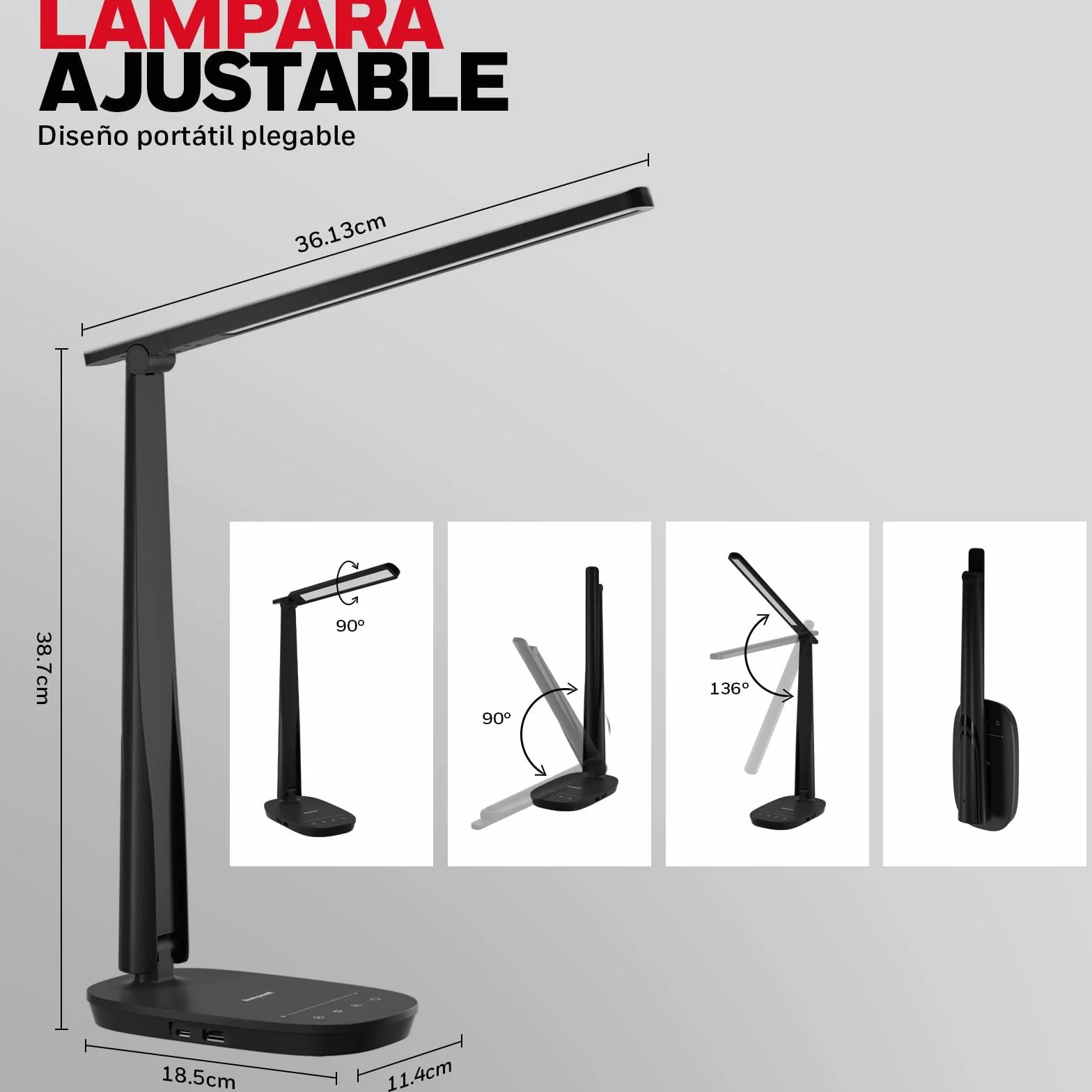 Honeywell HWT-H2 Lámpara de Escritorio LED, Luz de Espectro Completo CRI94, Lámpara de Mesa Regulable con Puertos USB-A y USB-C, Control Táctil, Lámpara Plegable para Oficina, Lectura y Estudio, Negro