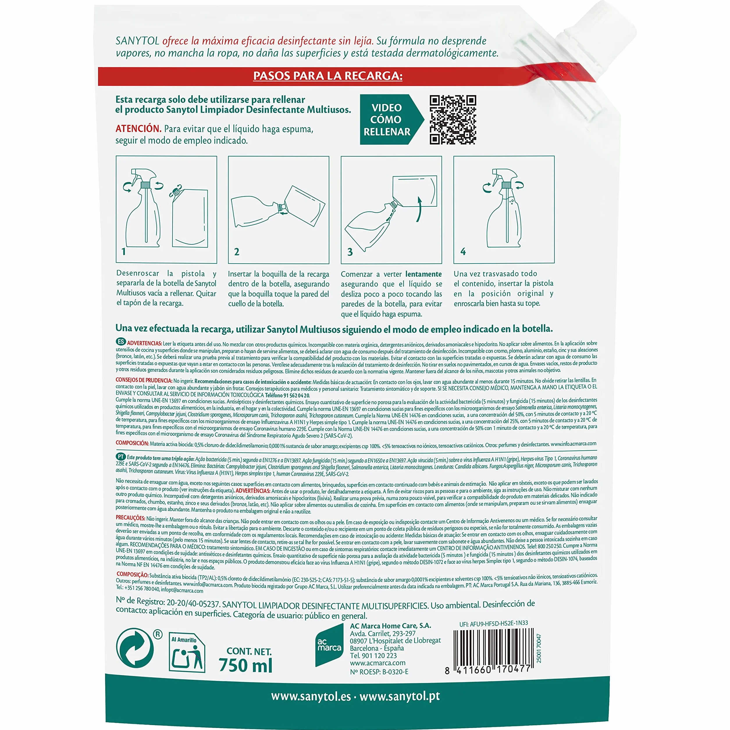 Sanytol Recarga Limpiador Desinfectante Multiusos 750 ml