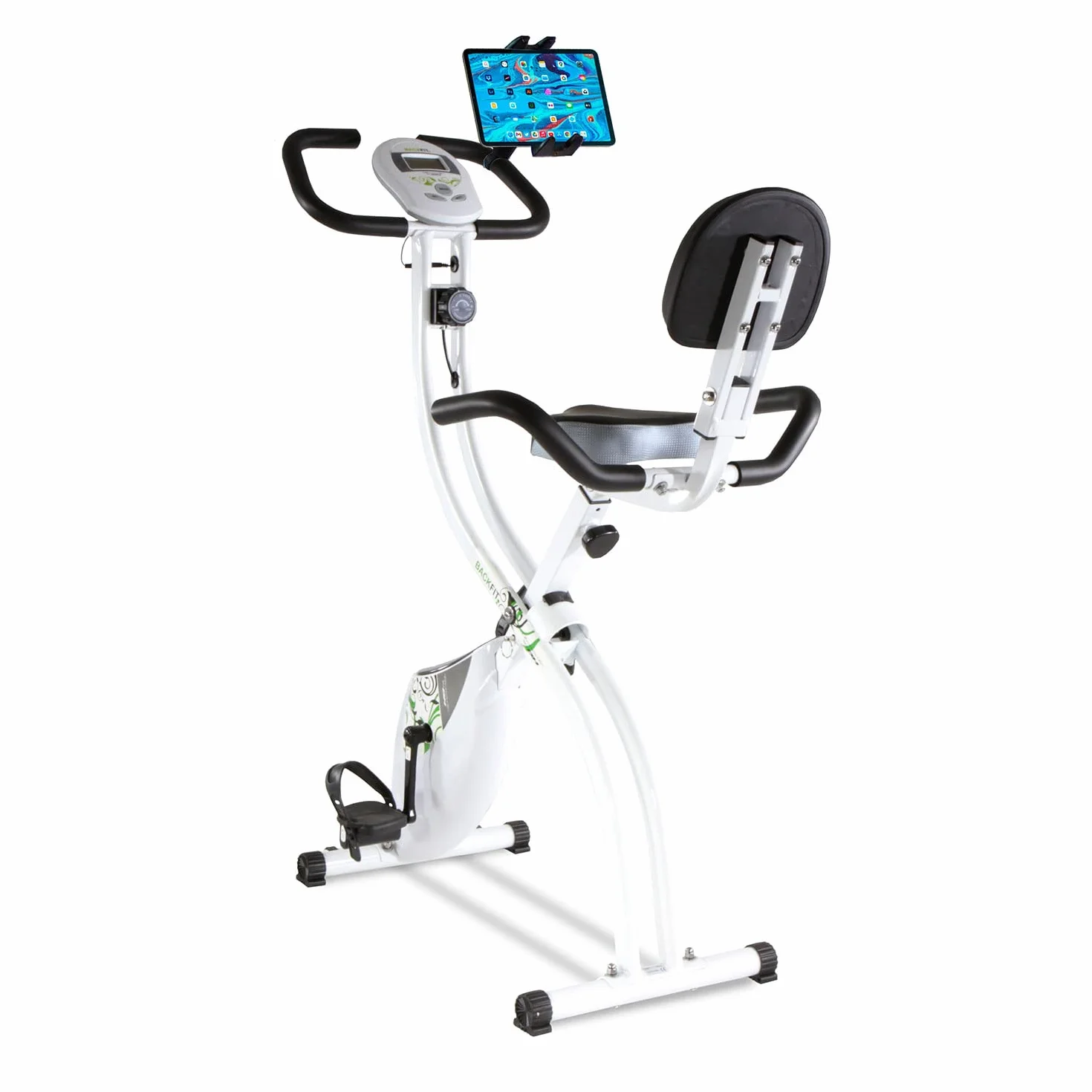 Bicicleta estática plegable con respaldo BACKFIT + soporte tablet/smartphone Blanco