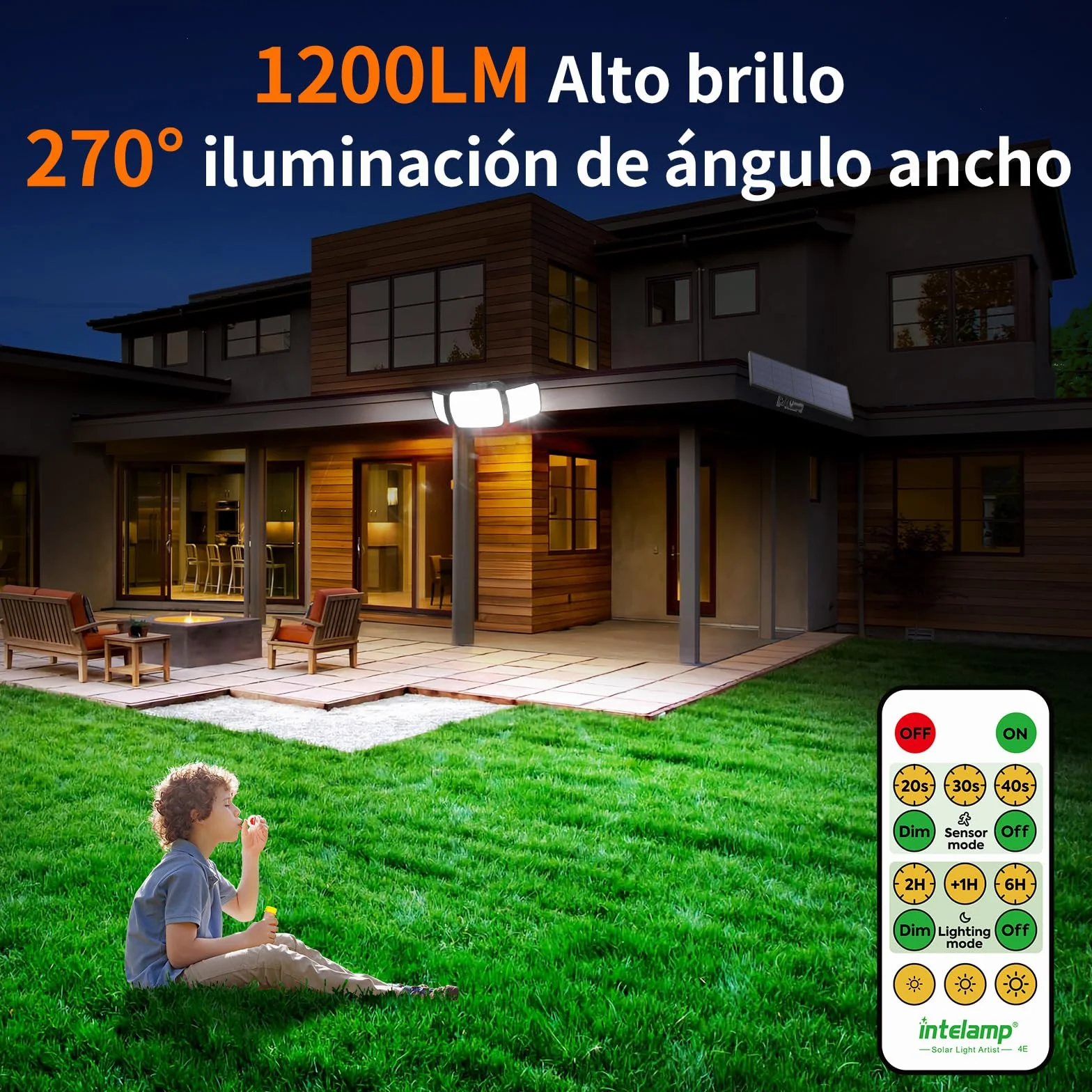 intelamp Focos Exterior Solares, 6000mAh Doble Sensor 270°Iluminación Sensor de Movimiento, 6500K, IP65 Luz Solar Exterior Jardin Lampara Solar con Mando a Distancia para Jardín, Garajes, 4 Modes