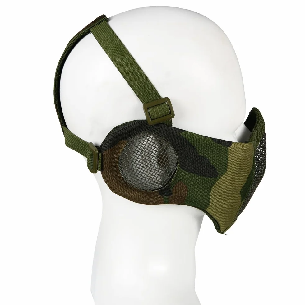 máscara táctica para Airsoft, Media Cara Inferior, Malla de Acero de Metal, protección para los oídos para Paintball al Aire Libre