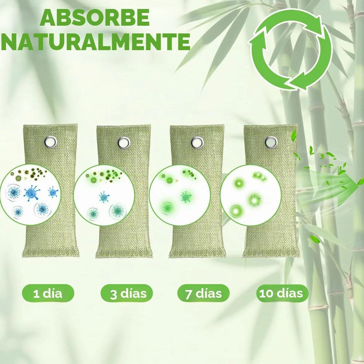 Bolsas Purificadoras de Aire de Carbón de Bambú 75g 4 Paquete Desodorantes para Zapatos Coche Cocina Nevera