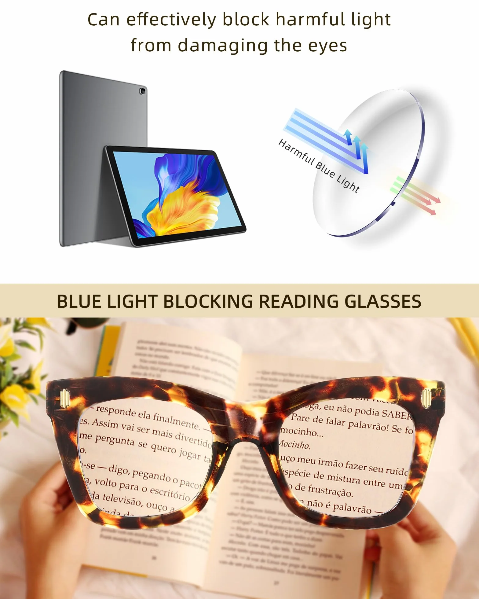 JM Gafas de Lectura para Mujer, Cuadrado Moda Grande Ojo de Gato, Luz Azul, 4 Pack