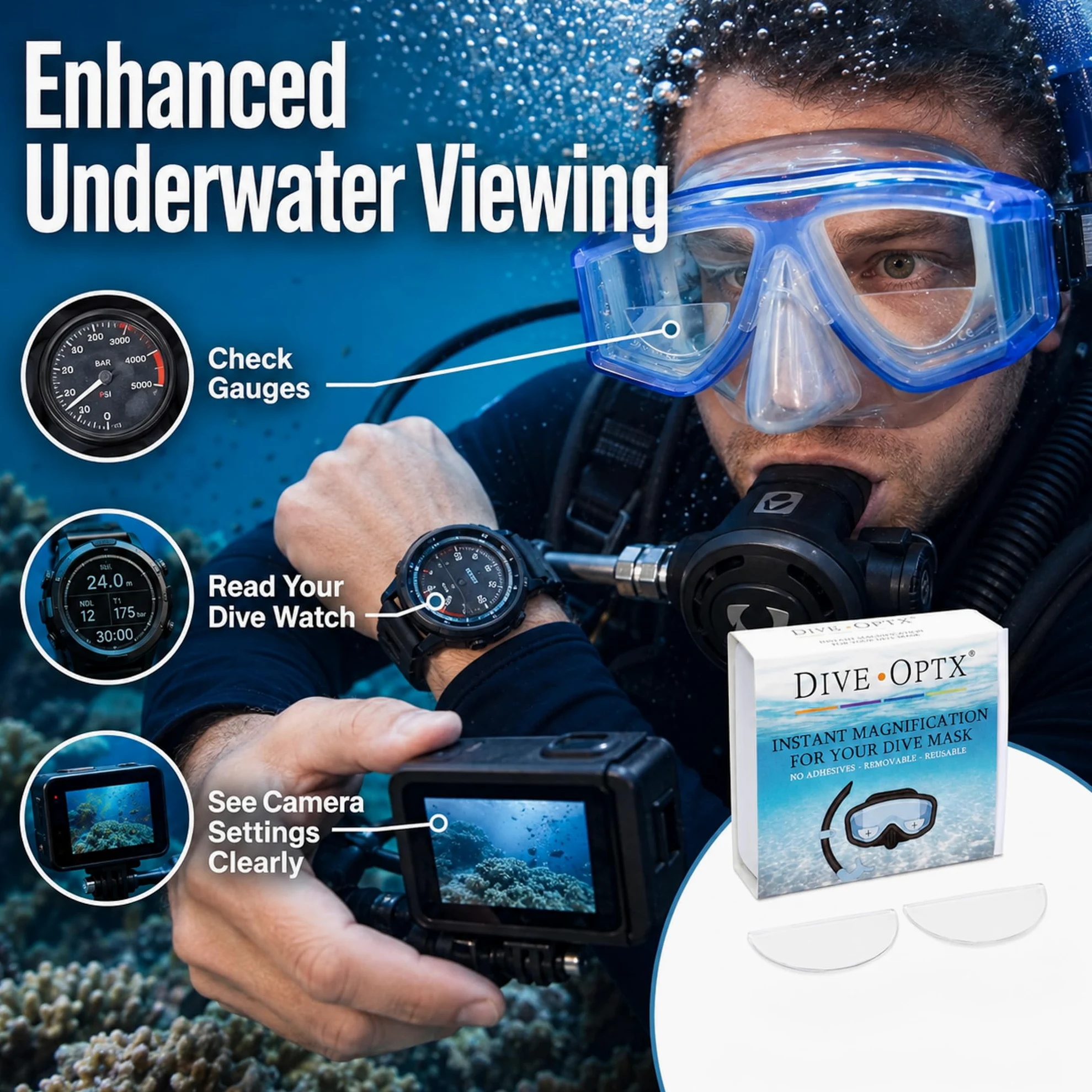 Calabria Hydrotac Dive OPTX - Lentes bifocales adhesivas para máscaras de buceo y gafas de buceo, activadas por agua, lectores reutilizables, Diameter: 1.6 Inches