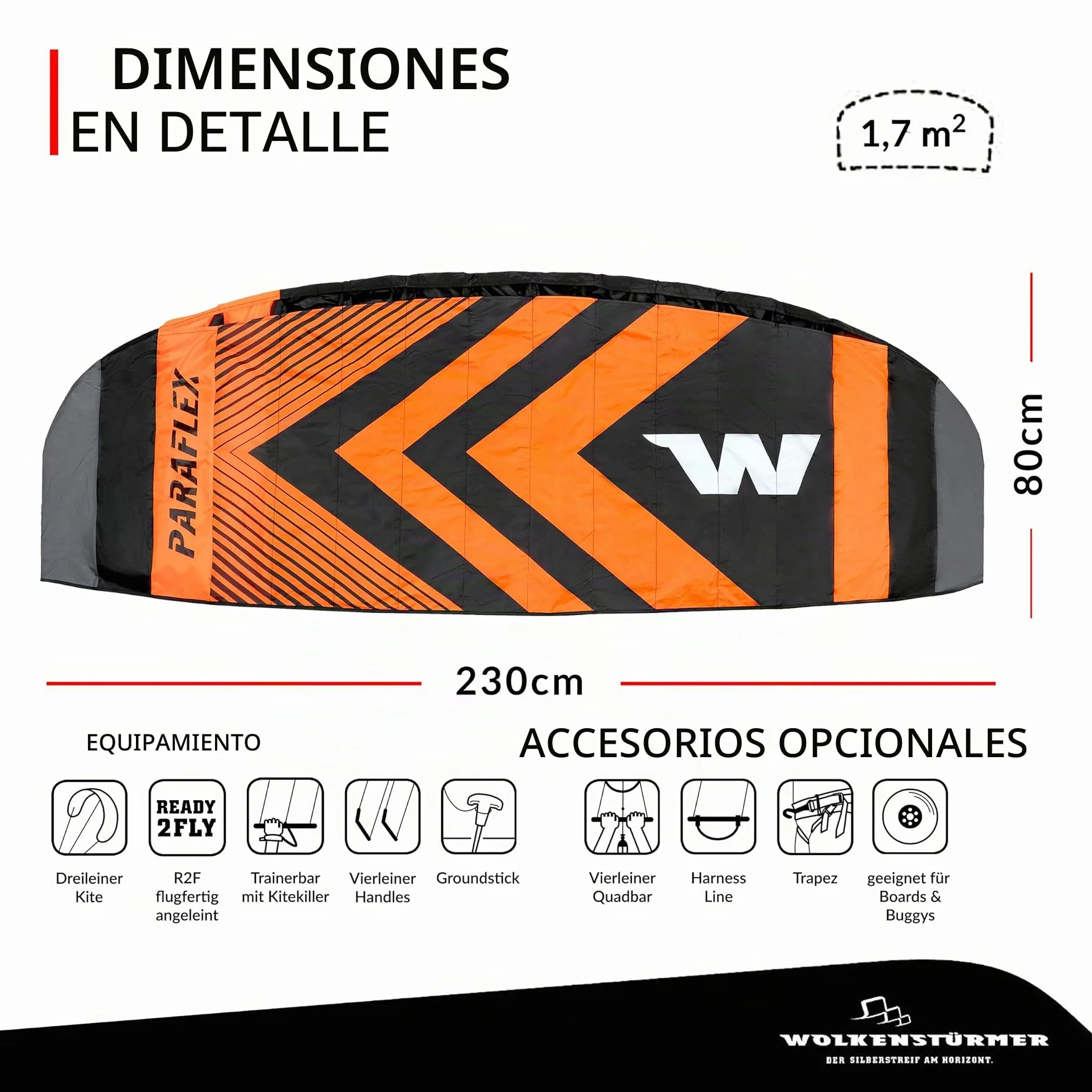 Wolkenstürmer Paraflex Trainer 2.3 Kitesurf Wing Negro/Naranja 3 Líneas Tracción