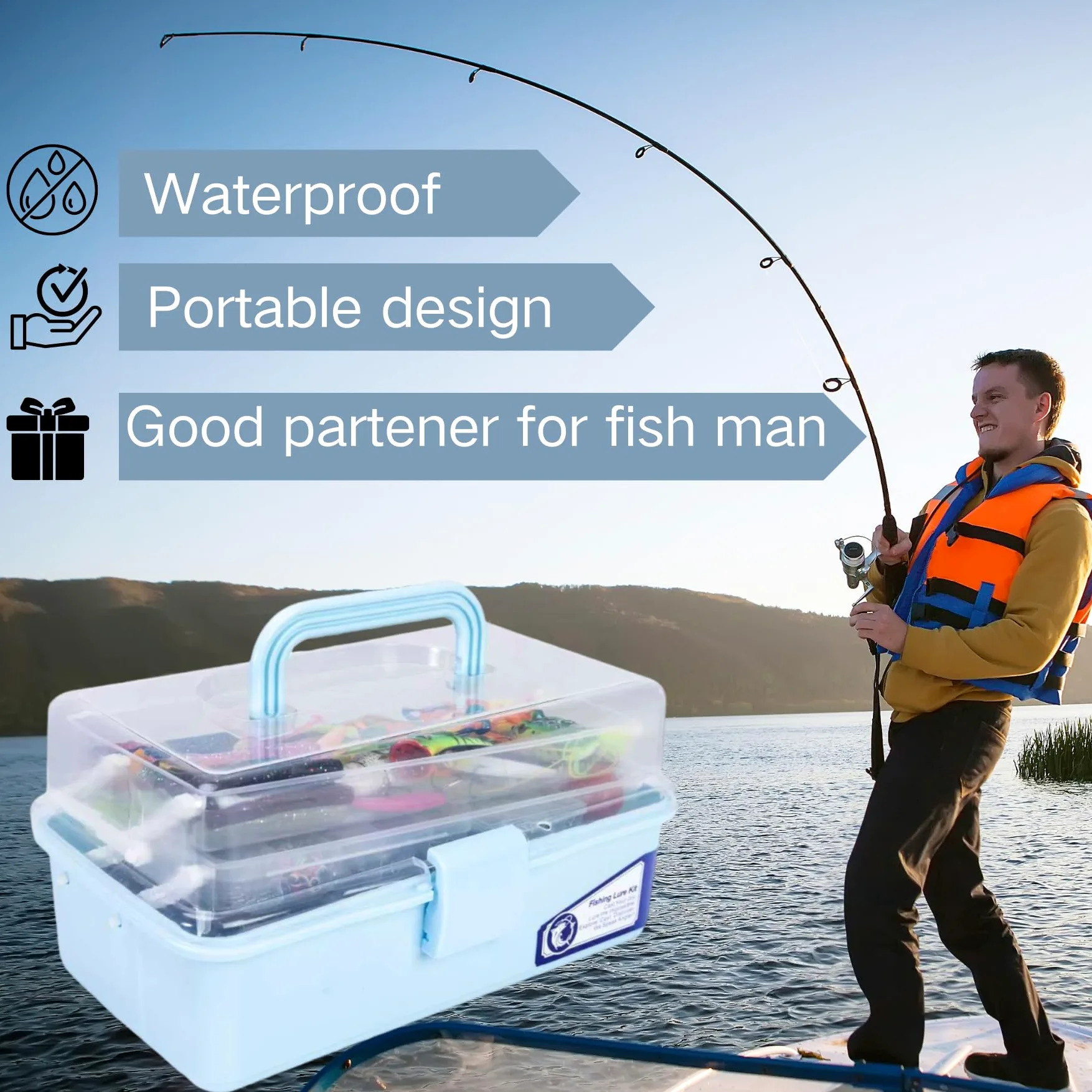 Caja grande de aparejos de pesca de 3 capas con aparejos incluidos, kit de 450 señuelos de pesca, contiene alicates, anzuelos, señuelos, pesos y accesorios, equipo de pesca de lubina de agua dulce