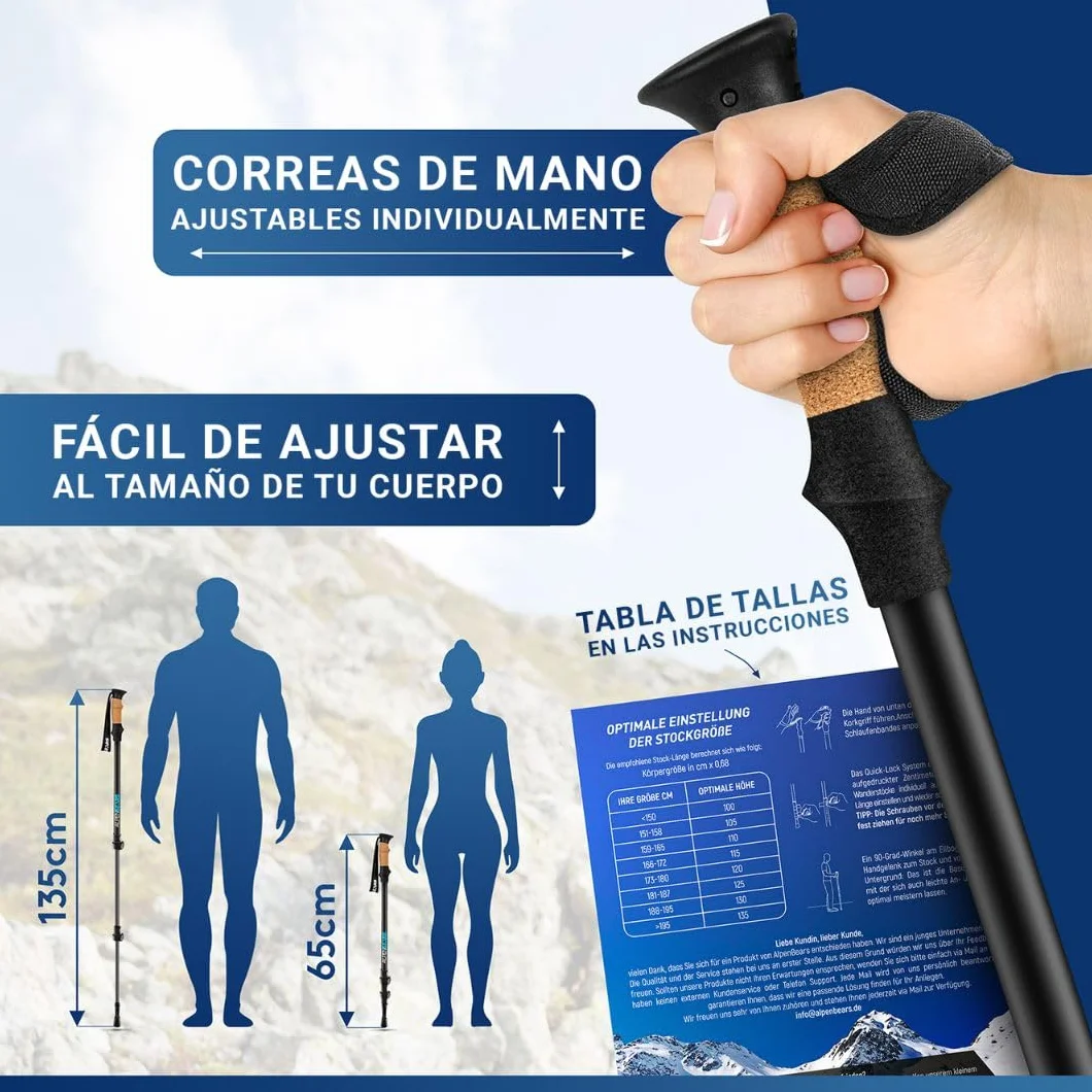 Bastones de Senderismo y Bastones de Marcha nórdica – Bastones de Senderismo telescópicos con Juego de topes de Goma – Bastones de Trekking para Hombre y Mujer – Extra Ligero y Ajustable con Mango de