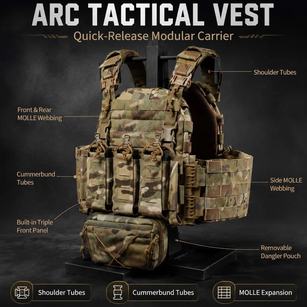 Chaleco Táctico ARC, Tubos Dobles, Liberación Rápida, MOLLE, Panel Triple Mag, Bolsa Desmontable, Cintura Ajustable