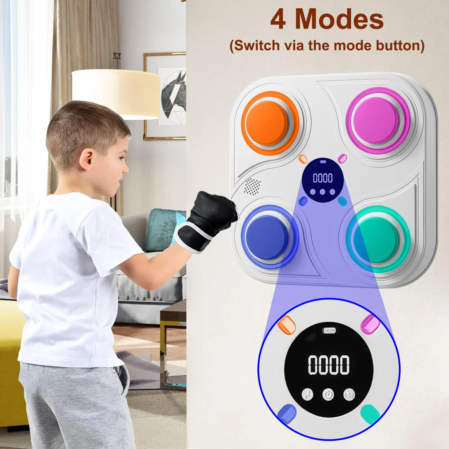 Máquina de Boxeo Musical, Máquina de Boxeo con Guantes y Luces LED, Máquina de Boxeo Musical Inteligente de 4 Modos, Máquina de Boxeo Montada en la Pared para Niños, Adultos