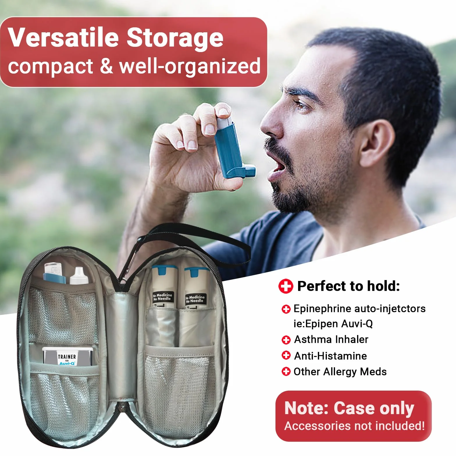 Bolsa de Transporte para EpiPen, Funda Aislada con Cremallera YKK, Estuche de Viaje para 2 EpiPens o Auvi-Q, Negro